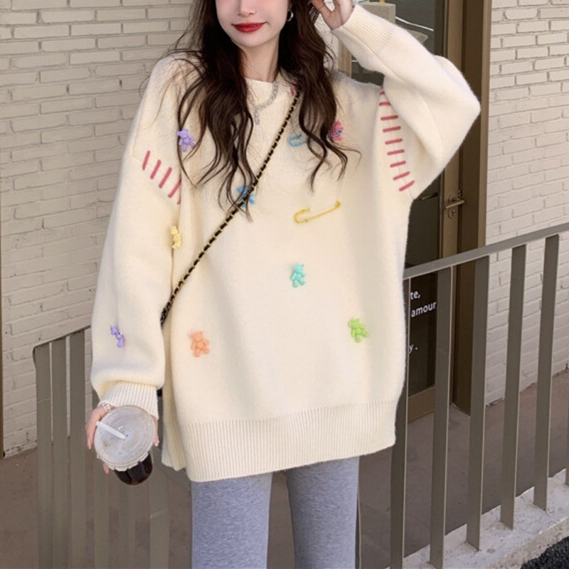 Sweet Bear Embellished Knit Long-Sleeve Sweatshirt