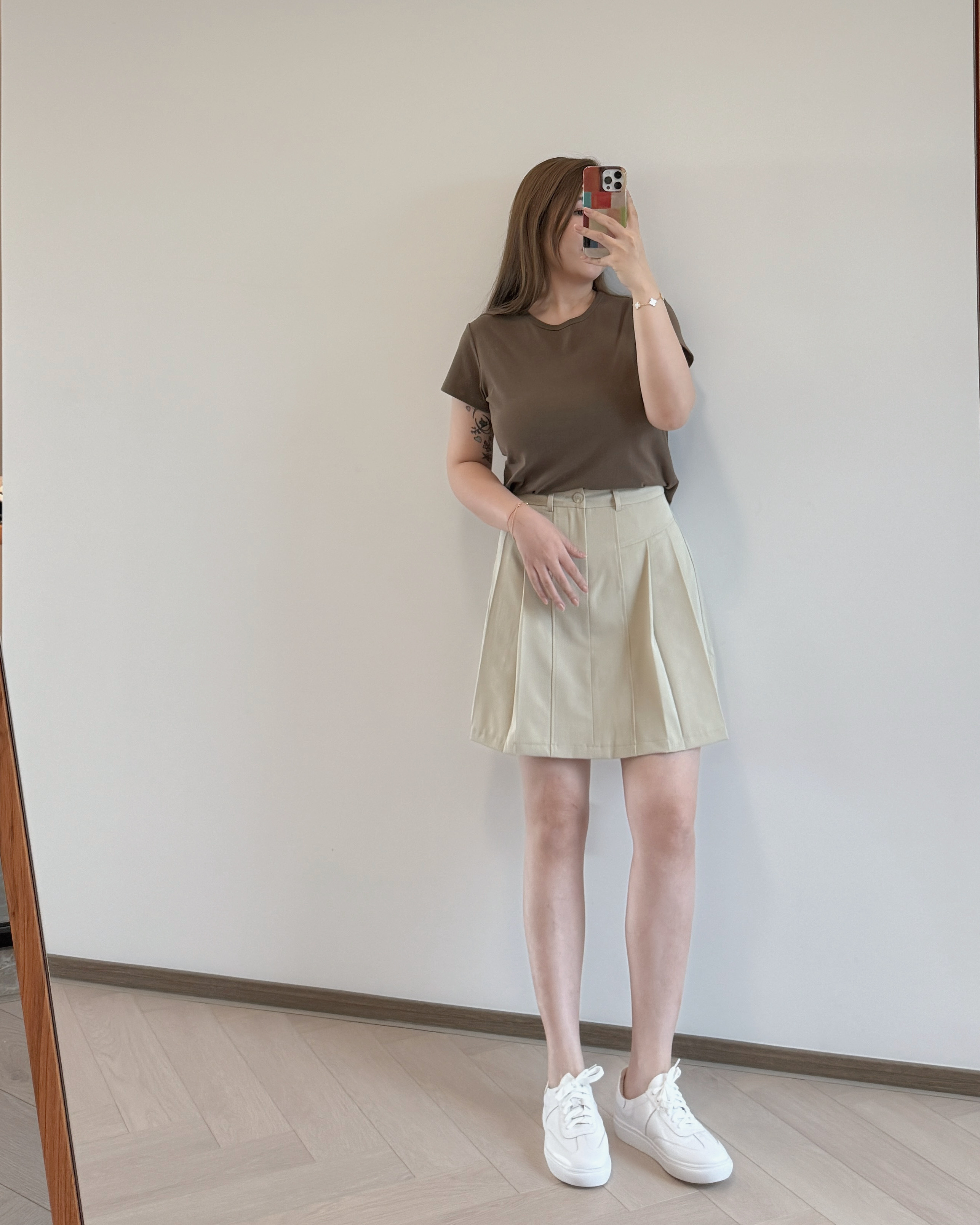 現貨 7253 高腰百摺短裙 - 自帶打底褲 【卡其】