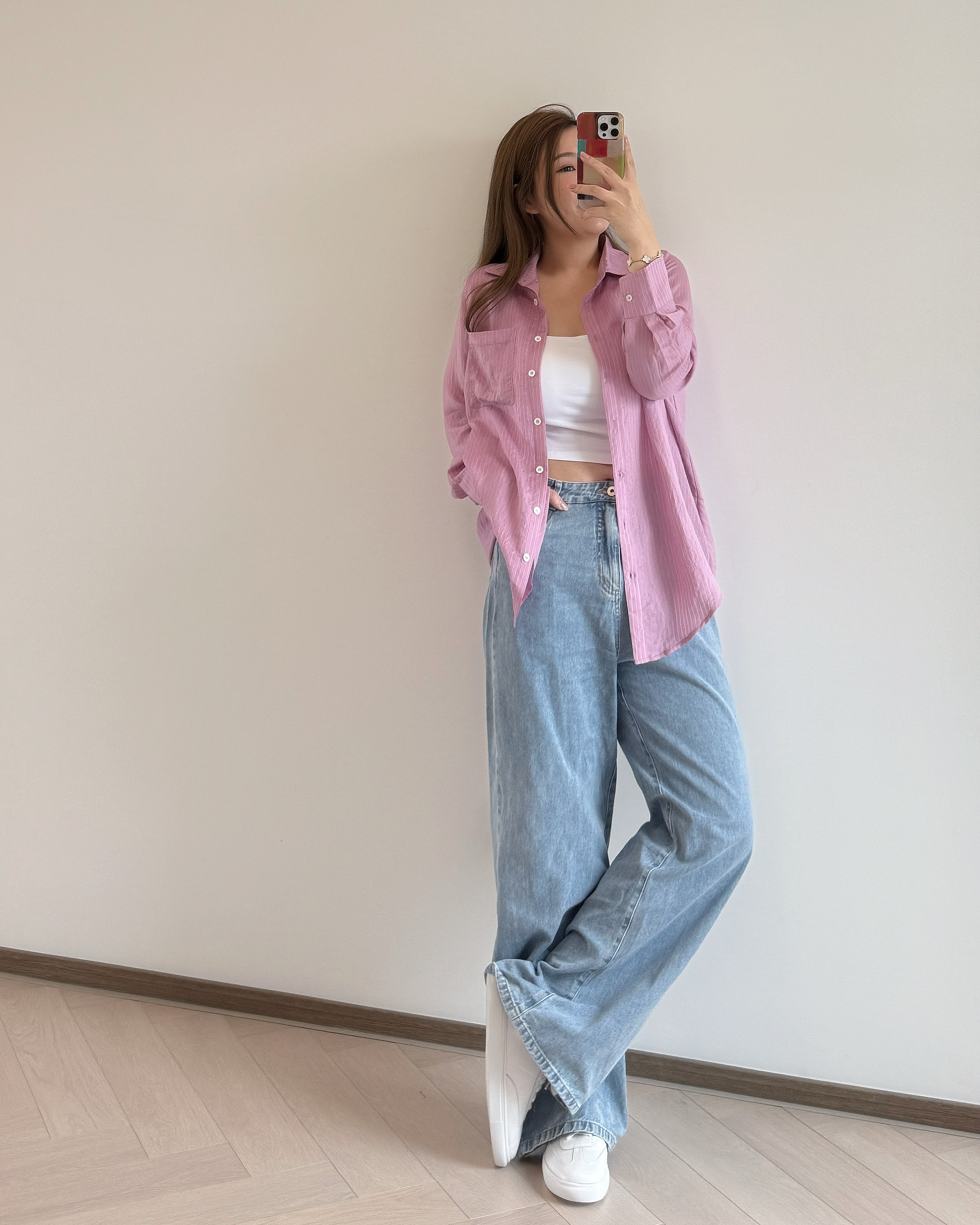 現貨 7251 透紗條紋天絲襯衫【粉紅】