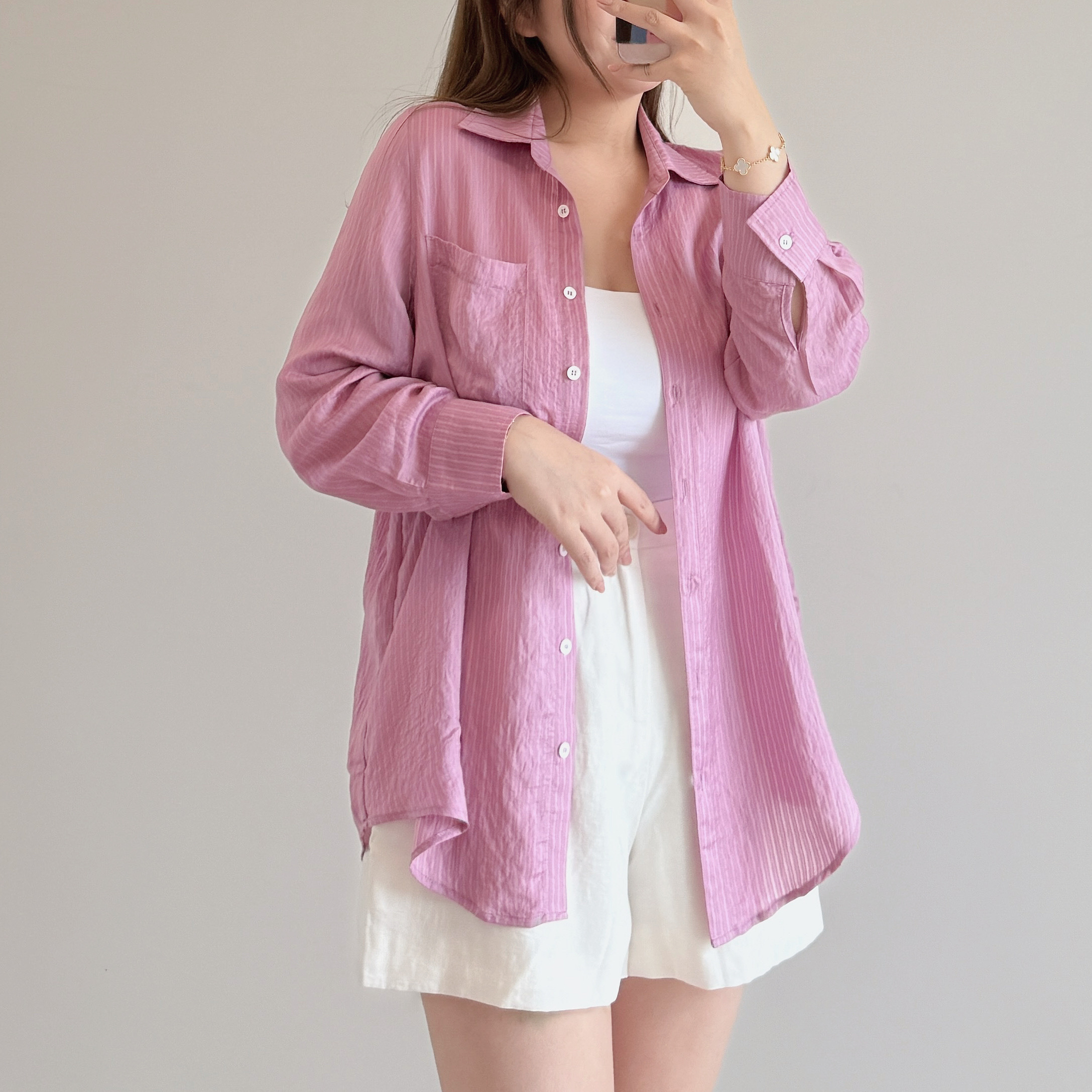 現貨 7251 透紗條紋天絲襯衫【粉紅】