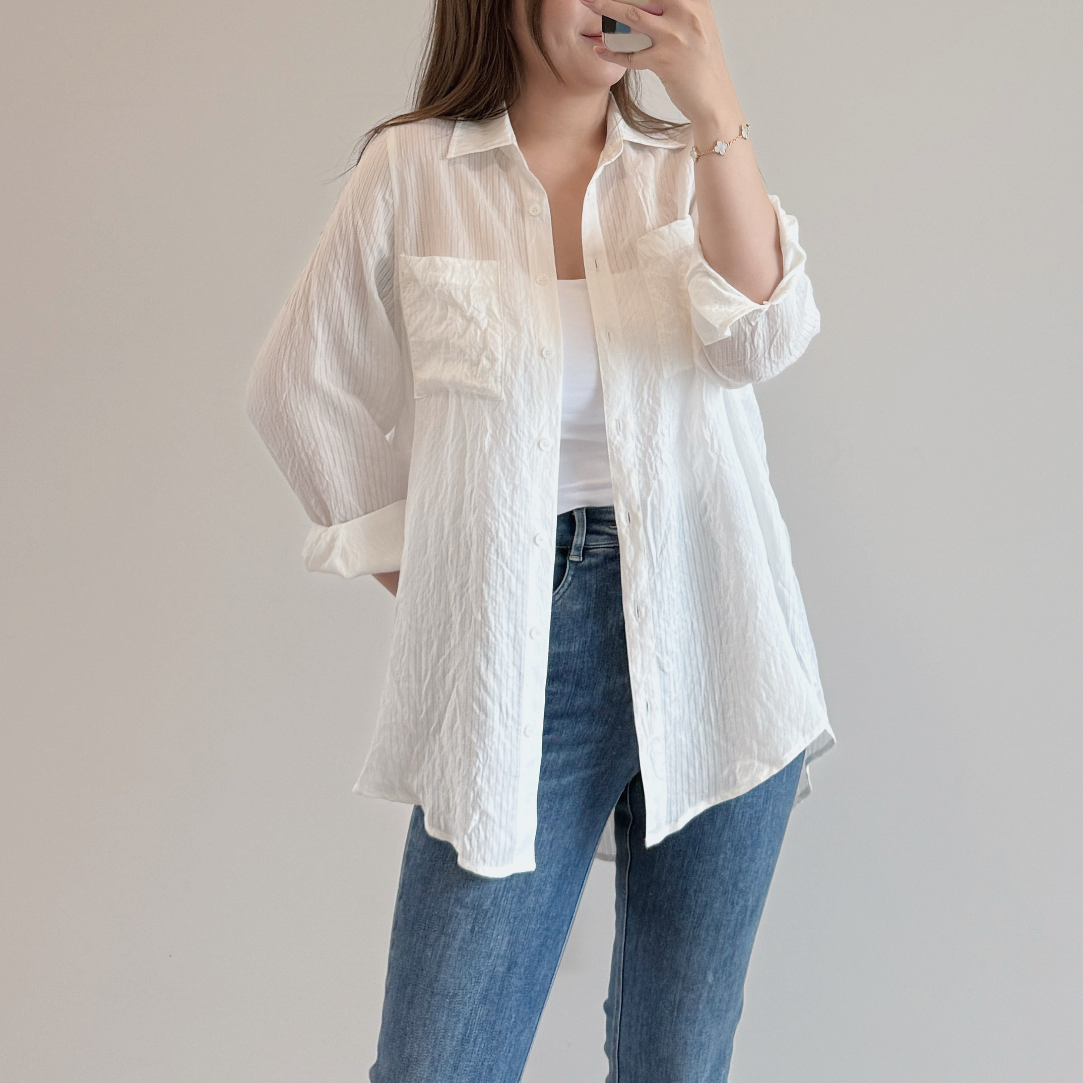 現貨 7246 透紗條紋天絲襯衫【白色】