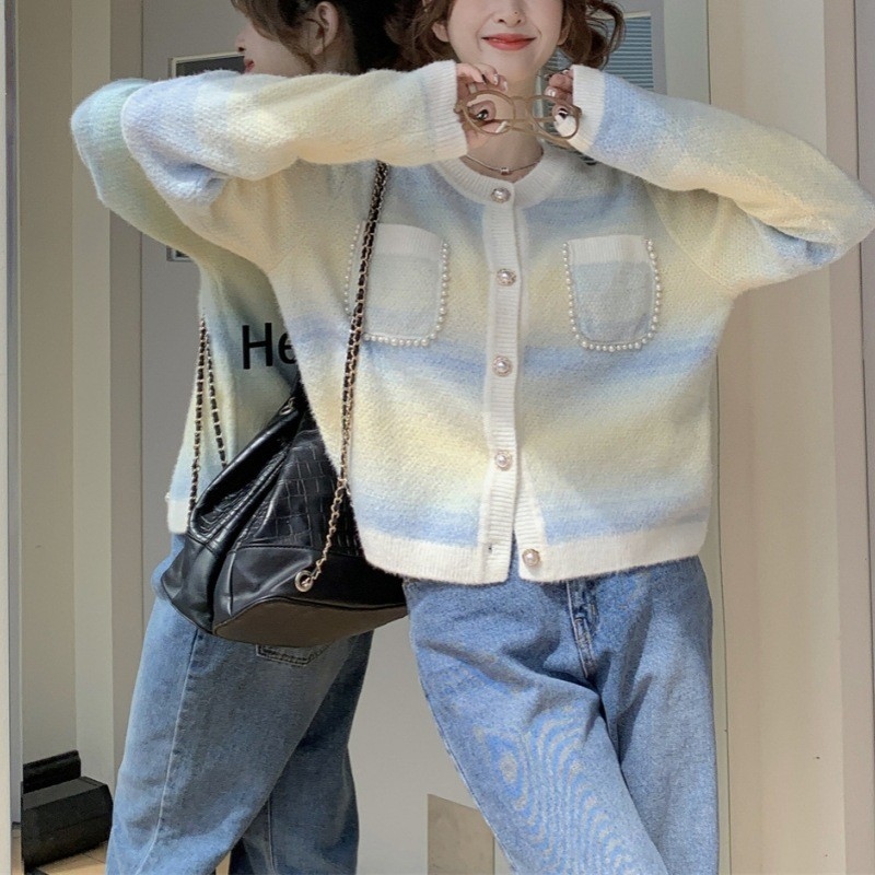 French Gradient Stripe Pearl Knit Cardigan