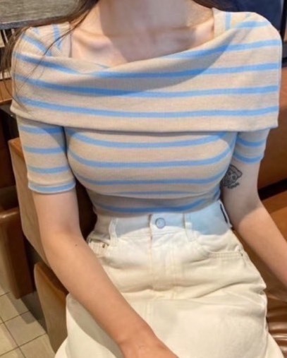 正韓翻領撞色條紋上衣