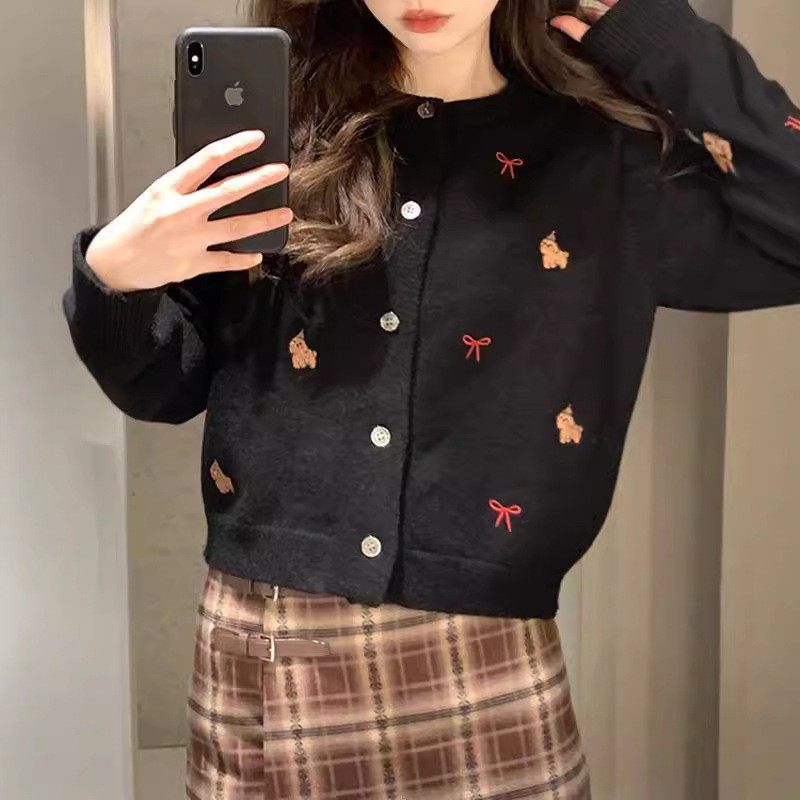 Sweet Cartoon Embroidered Knit Cardigan