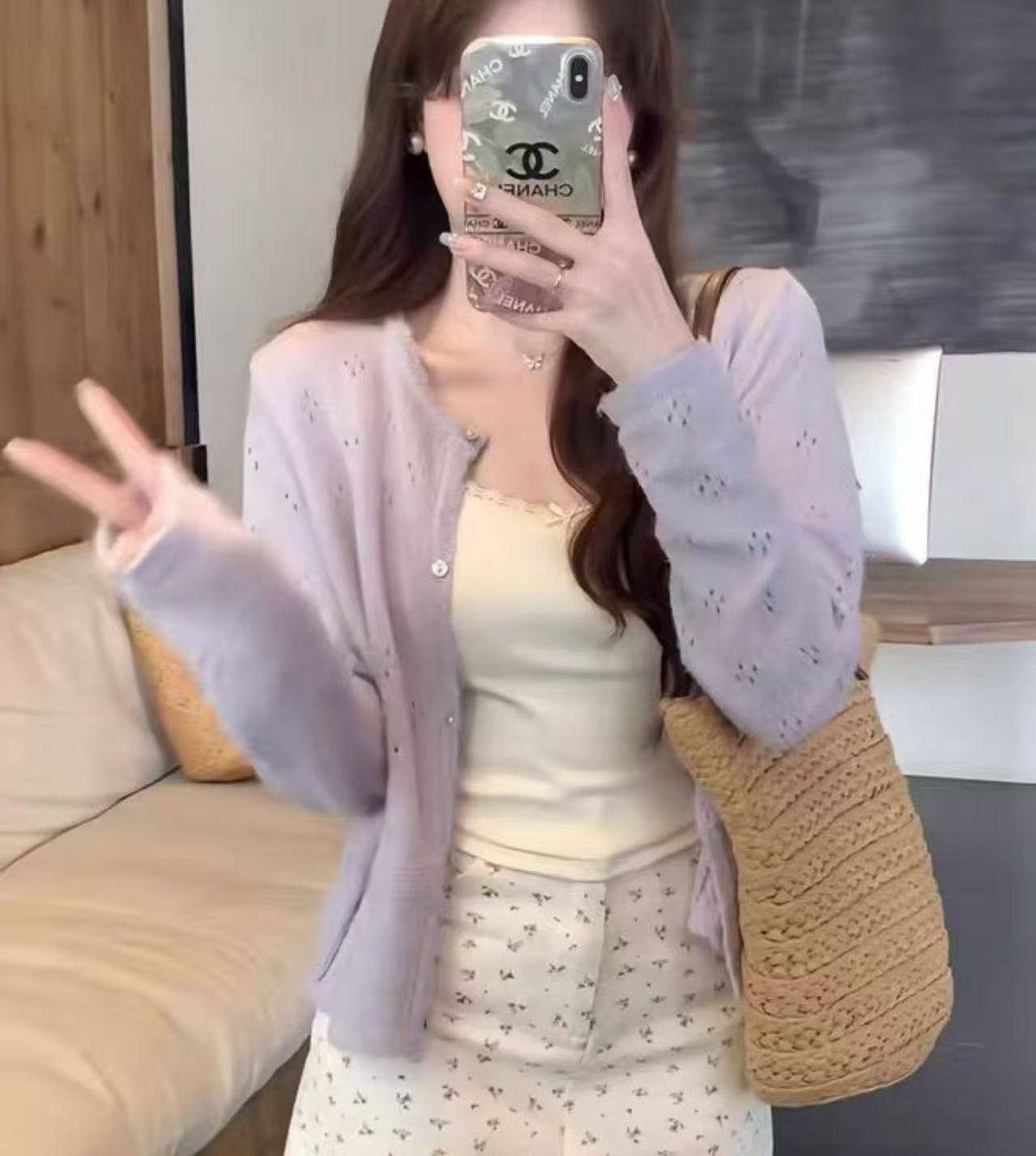 Hollow-Out Cropped Lightweight Knit Cardigan