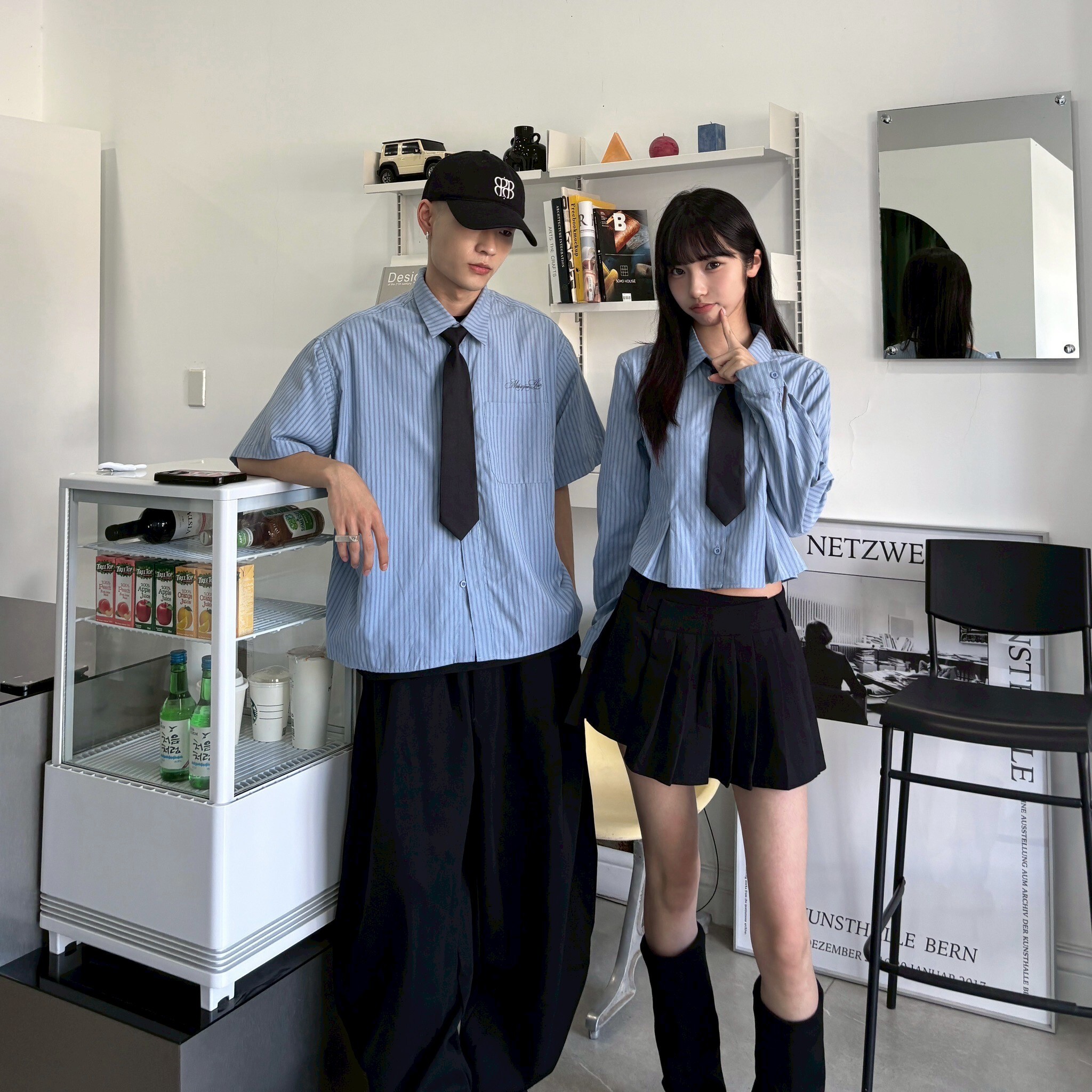 mmb高校直條情侶襯衫附領帶