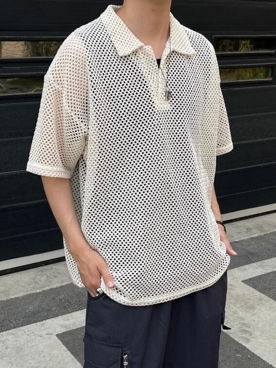 淨色恤衫領網紋短袖Tee T5109