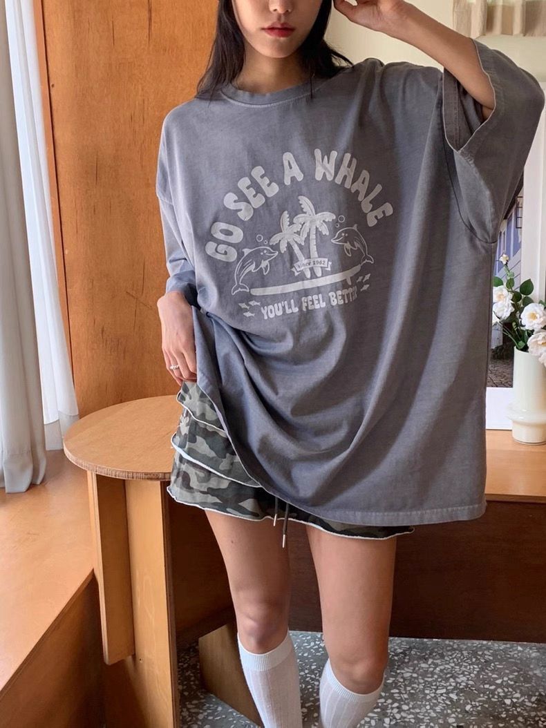 OverSize洗水英文字圖案短袖Tee MB-005T