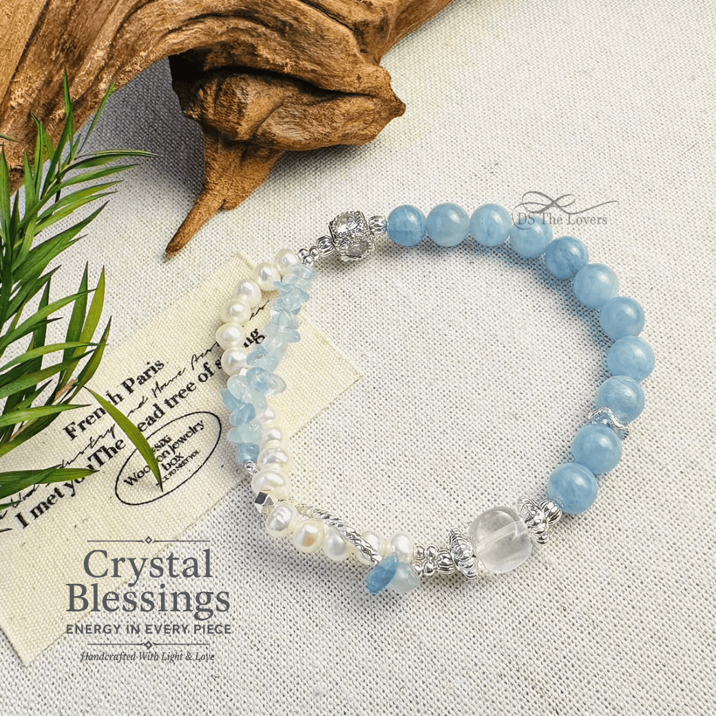 天然水晶設計_海韻珍語｜天然水晶手鍊 老礦魔鬼海藍寶 × 天然淡水珍珠 × 白水晶 奶白晶 溫柔療癒能量 氣質美人