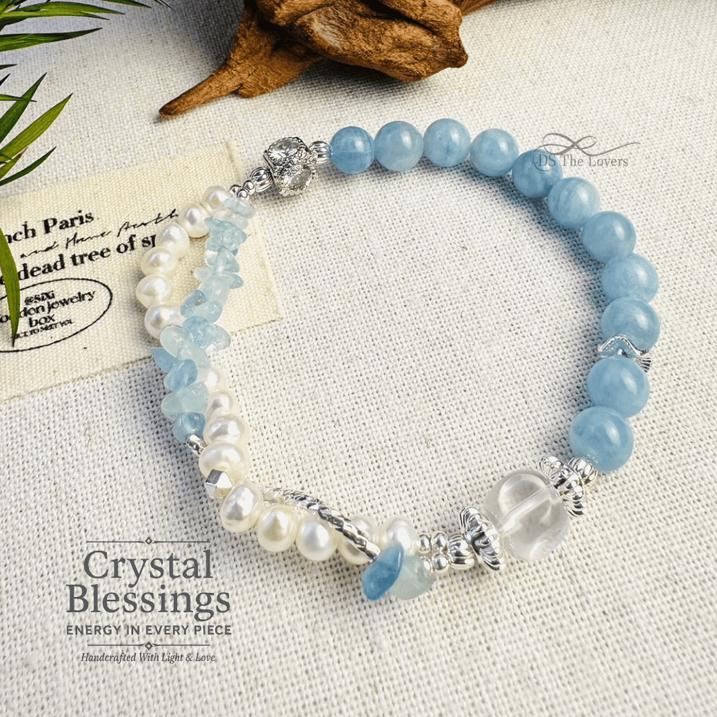 天然水晶設計_海韻珍語｜天然水晶手鍊 老礦魔鬼海藍寶 × 天然淡水珍珠 × 白水晶 奶白晶 溫柔療癒能量 氣質美人