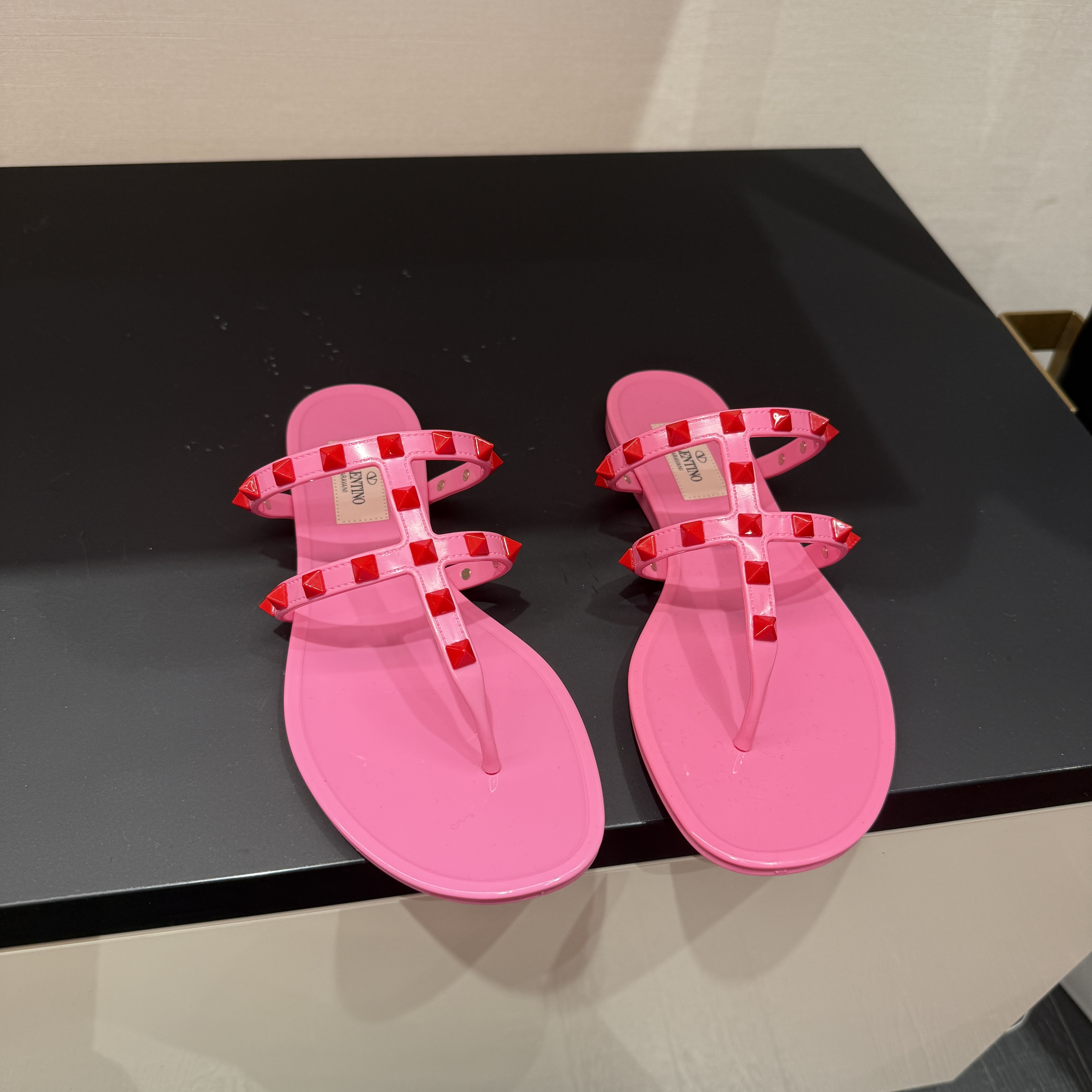 Valentino Red Stud Rubber Slides Pink