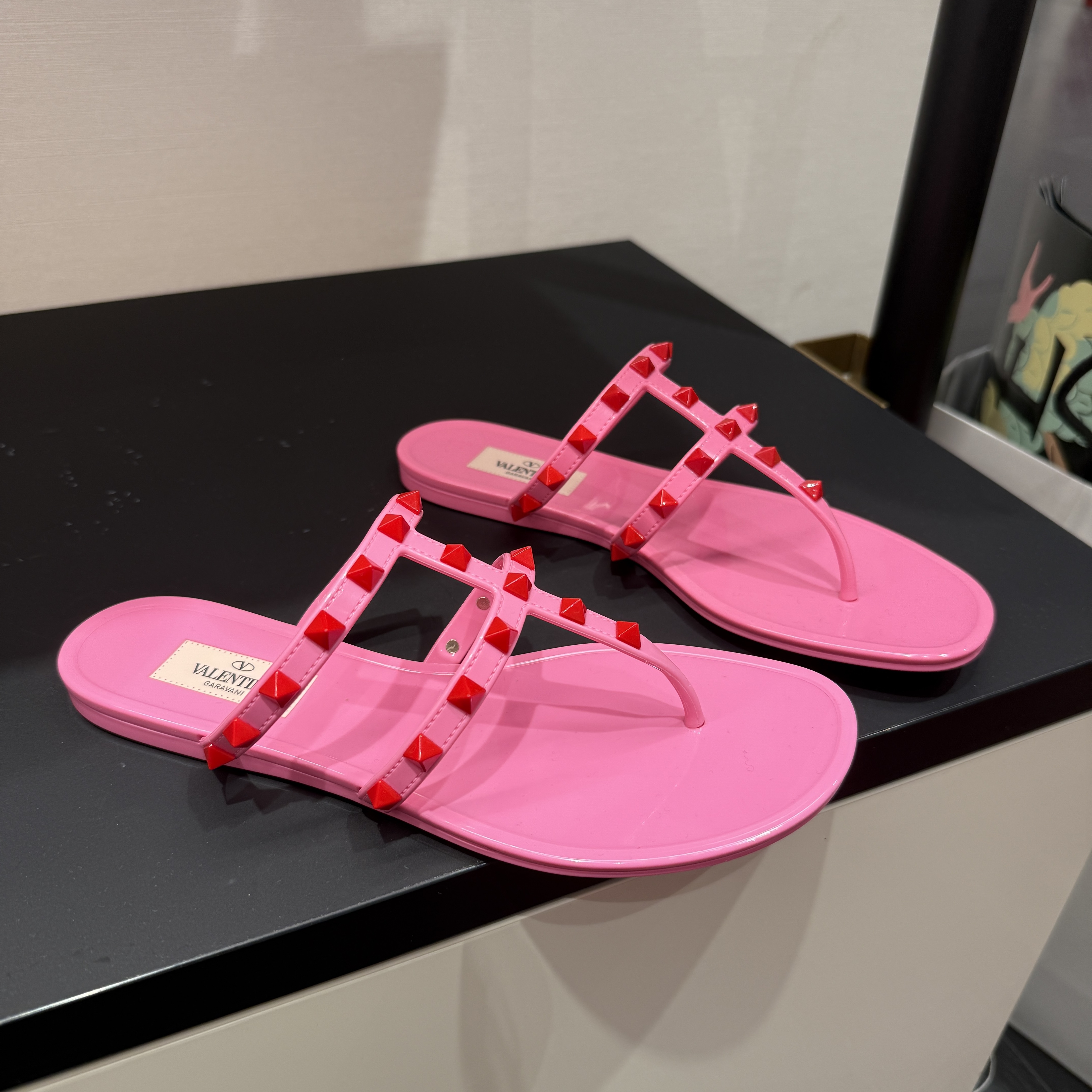 Valentino Red Stud Rubber Slides Pink