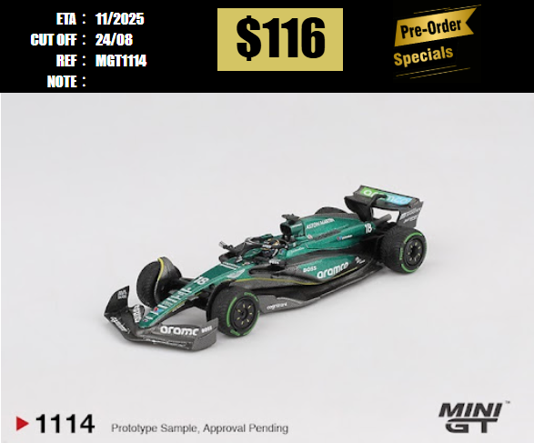 PO-$116 * MINI GT * 1:64 1114 Aston Martin AMR24 #18 Lance Stroll 2024 F1 2024 Canadian GP [OD12/08]