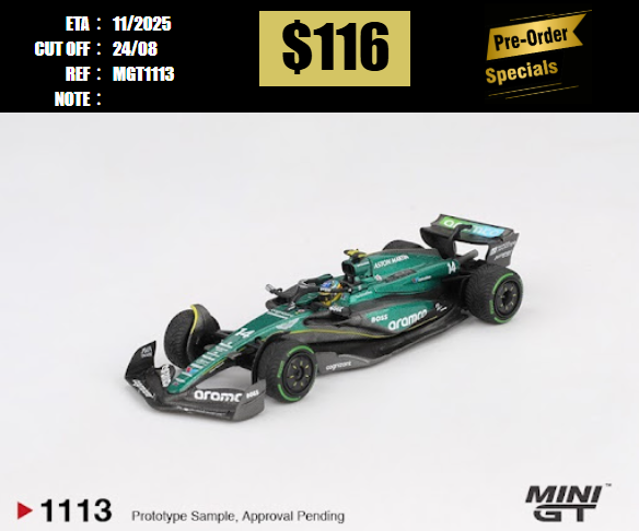 PO-$116 * MINI GT * 1:64 1113 Aston Martin AMR24 #14 Fernando Alonso2024 F1 2024 Canadian GP [OD12/08]