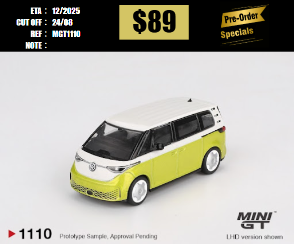 PO-$89 * MINI GT * 1:64 1110 Volkswagen ID.Buzz Candy White / Pomelo Yellow RHD [OD12/08]