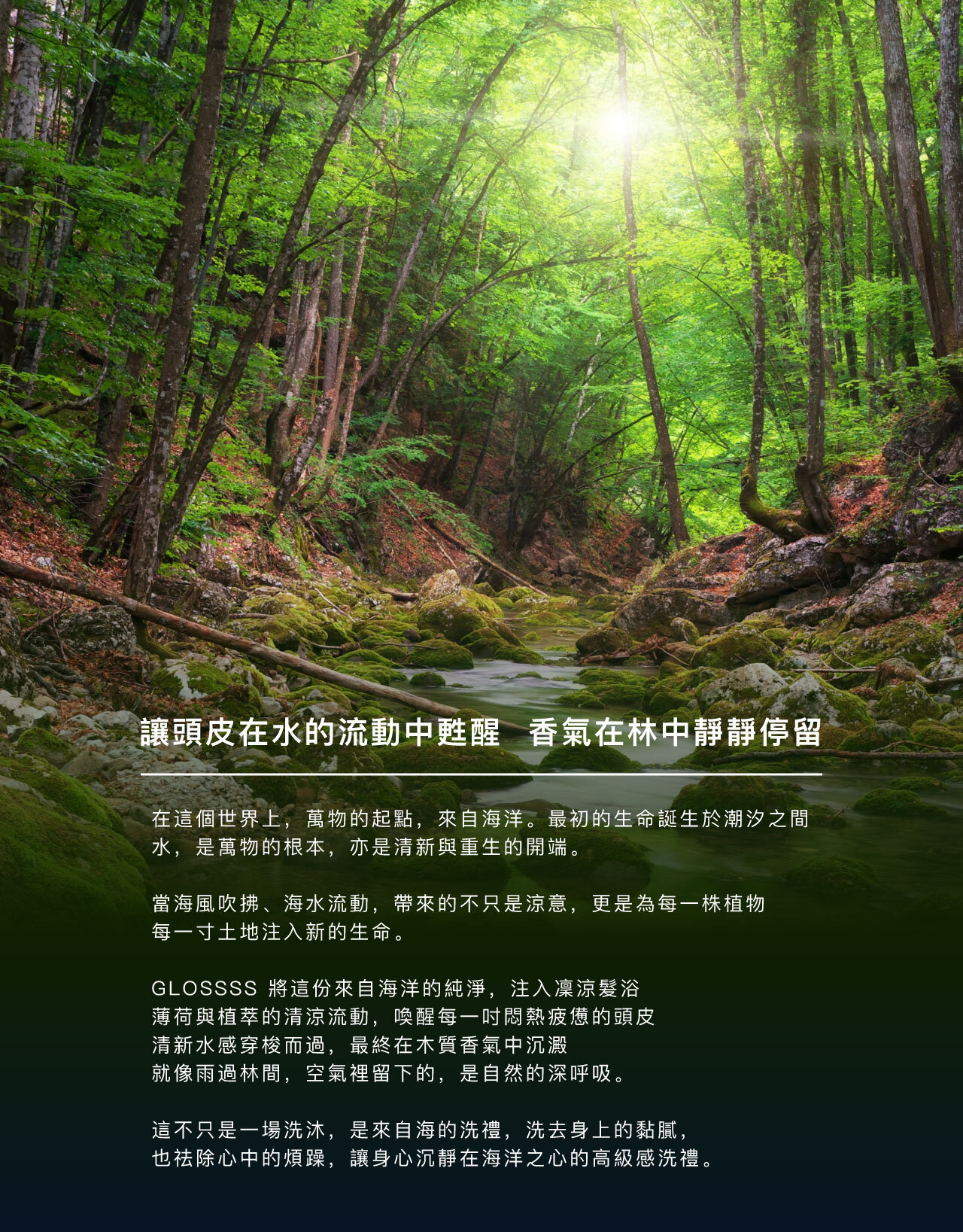 讓頭皮在水的流動中甦醒,香氣在林中靜靜停留  在這個世界上,萬物的起點,來自海洋。最初的生命誕生於潮汐之間,水,是萬物的根本,亦是清新與重生的開端。  當海風吹拂、海水流動,帶來的不只是涼意,更是為每一株植物、每一寸土地注入新的生命。  GLOSSSS 將這份來自海洋的純淨,注入凜涼髮浴, 薄荷與植萃的清涼流動,喚醒每一吋悶熱疲憊的頭皮。 清新水感穿梭而過,最終在木質香氣中沉澱 就像雨過林間,空氣裡留下的,是自然的深呼吸。  這不只是一場洗沐,是來自海的洗禮,洗去身上的黏膩,也祛除心中的煩躁,讓身心沉靜在海洋之心的高級感洗禮。