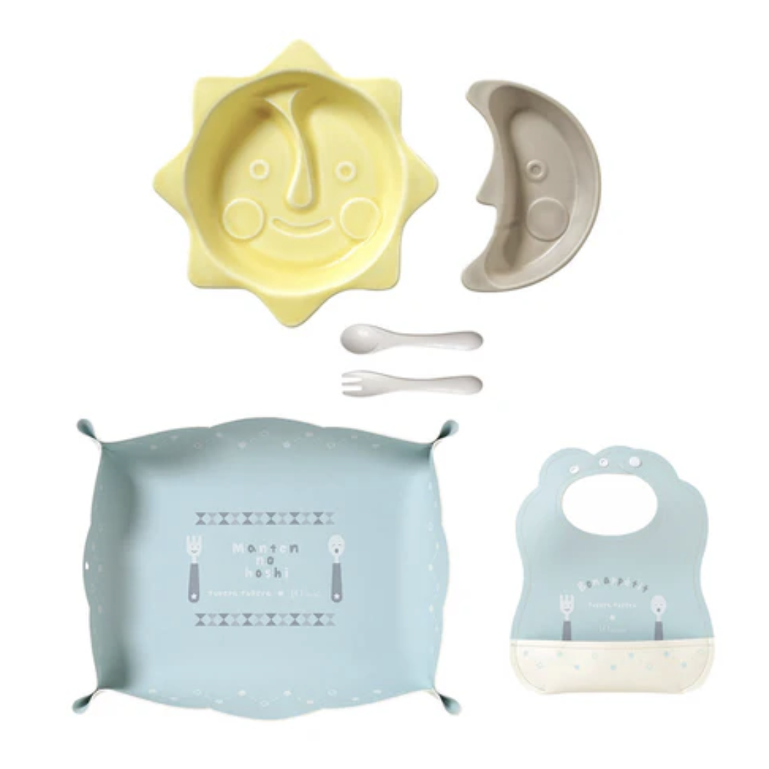 日本製 10mois tupera tupera 強化磁器嬰兒餐具套裝-藍色圍兜