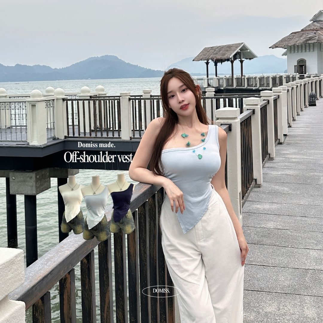 【DOMISS自訂】Off-shoulder不對稱的性感-斜肩帶胸墊背心-3色(現貨)