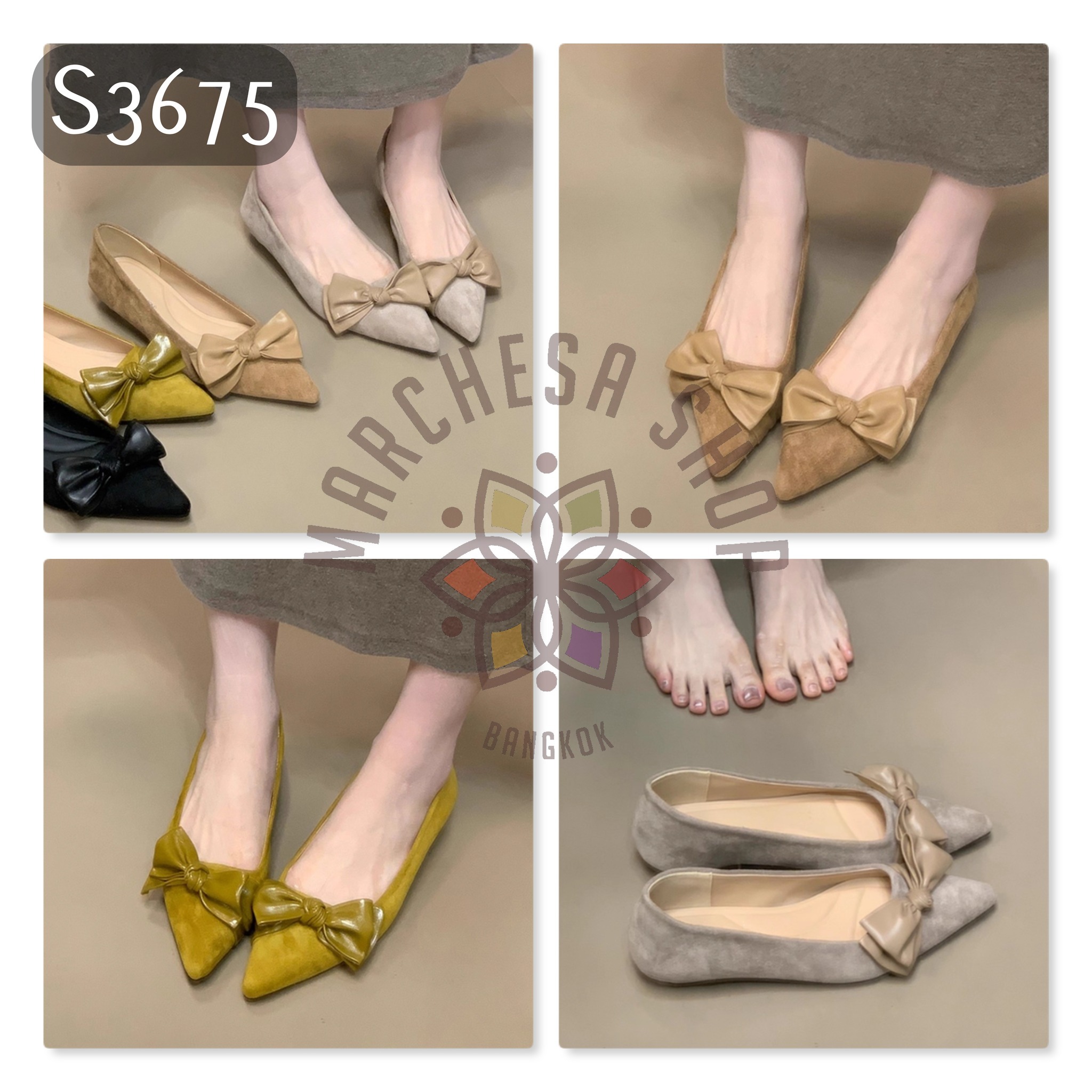 S3675 - 牛猄皮蝴蝶結尖頭平底鞋