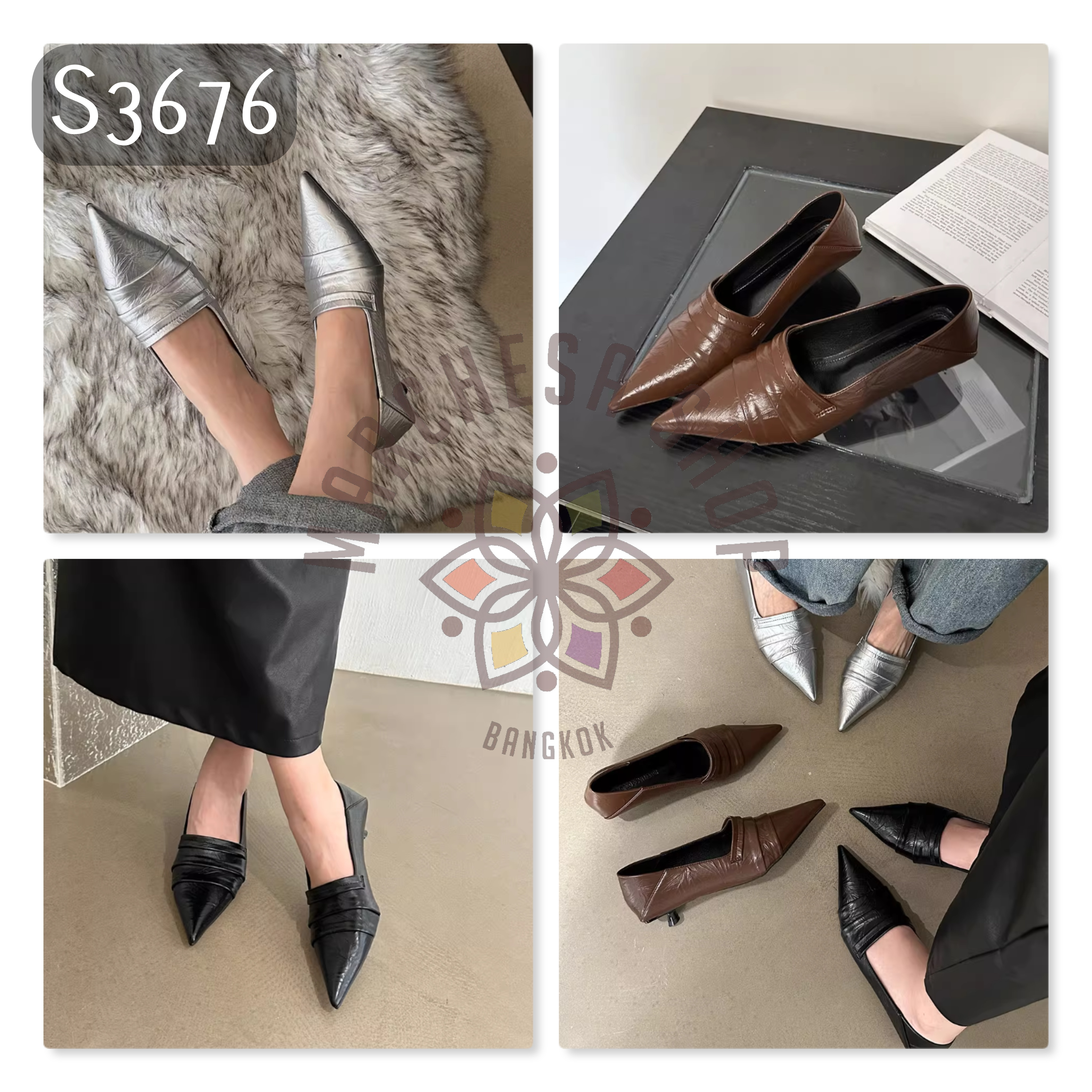 S3676 - 牛皮深口搭帶尖頭低踭鞋