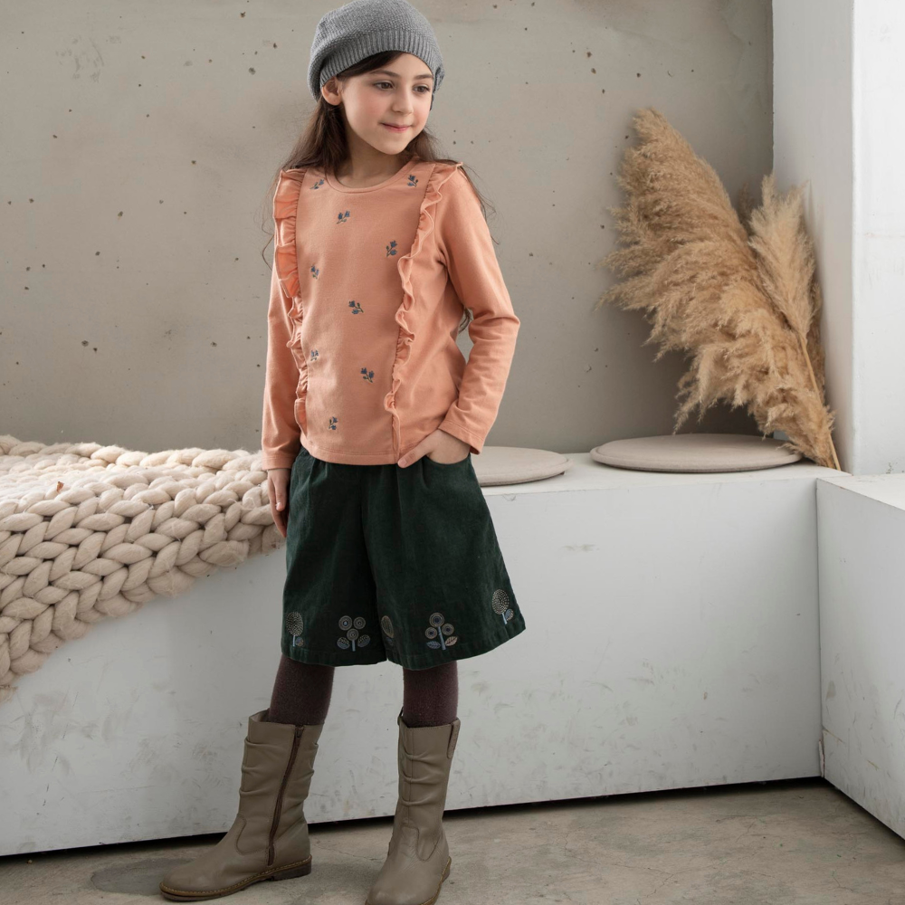 PIPPY 繡花優雅平織寬口褲裙 綠