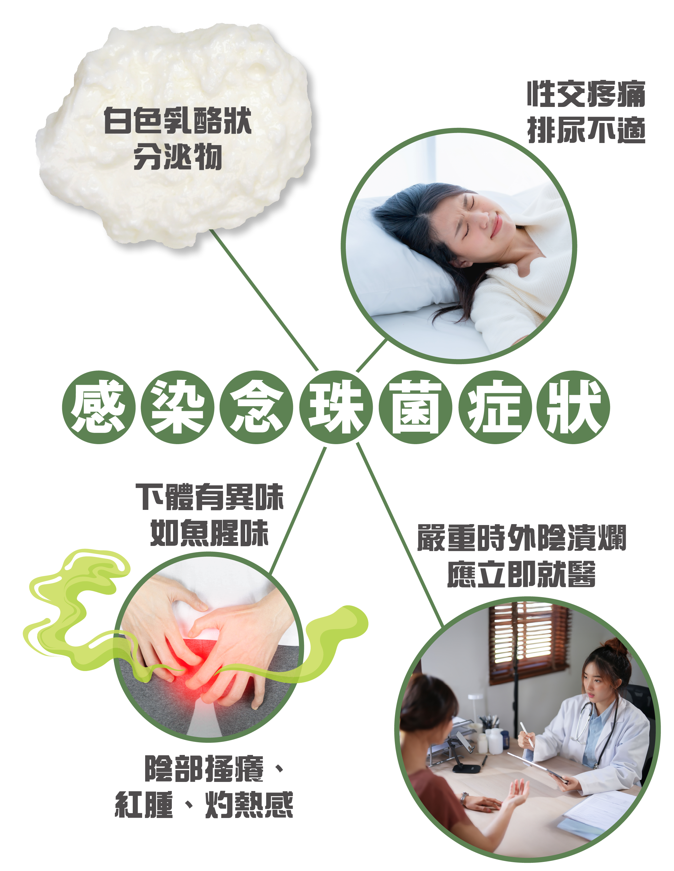 3. ⚠️ 感染念珠菌症狀： - 白色乳酪狀分泌物 - 陰部搔癢、紅腫、灼熱感 - 下體有異味如魚腥味 - 性交疼痛、排尿不適 - 嚴重時外陰潰爛，應立即就醫