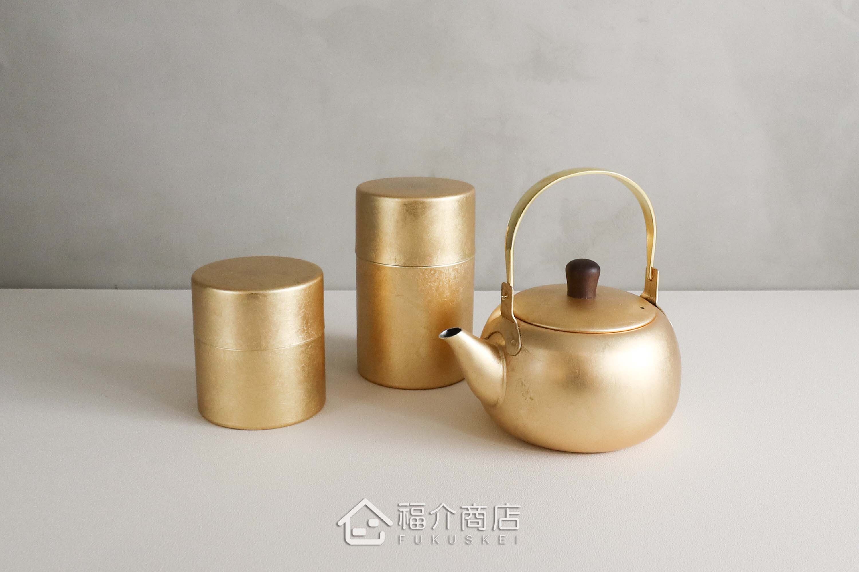 泡茶用的金箔色不鏽鋼材質泡茶壺與茶葉罐