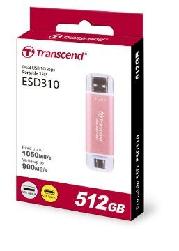 Transcend 創見ESD310P USB3.2/Type C 512GB 雙介面固態行動隨身碟/高速隨身碟-櫻花粉