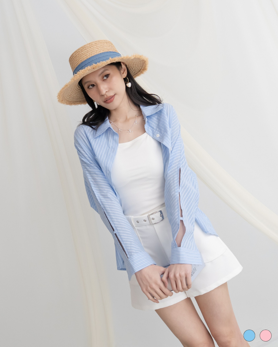 韓系休閒浮線條紋開岔袖襯衫