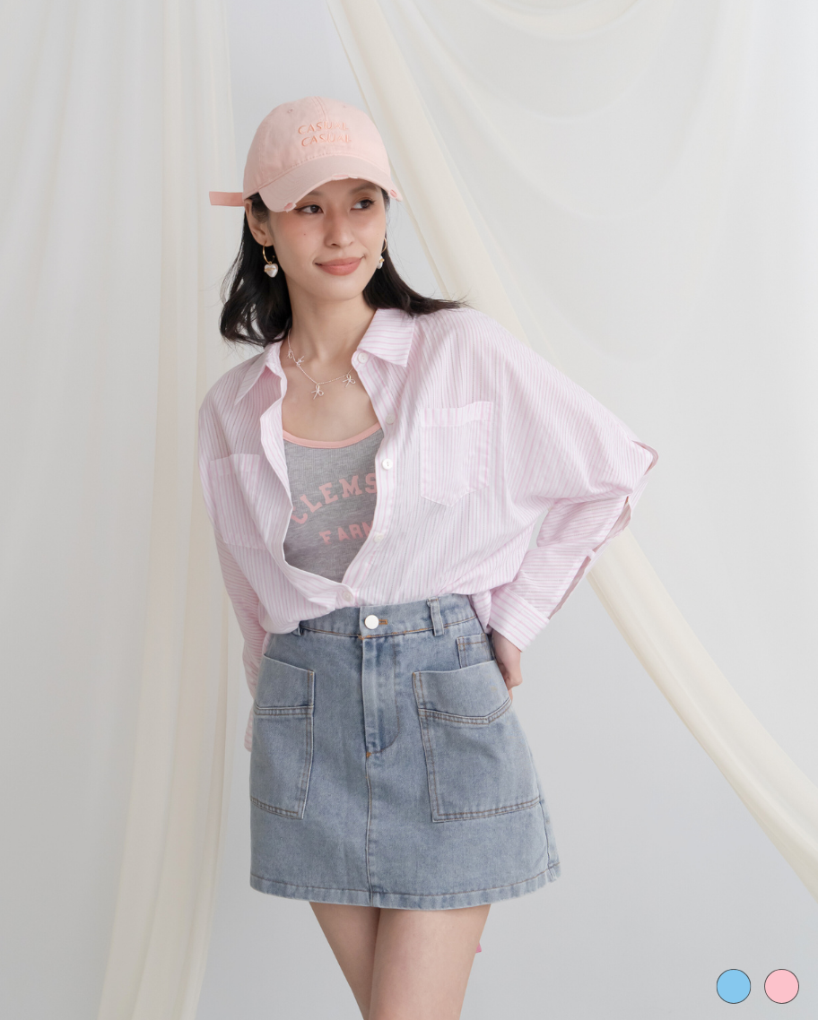 韓系休閒浮線條紋開岔袖襯衫