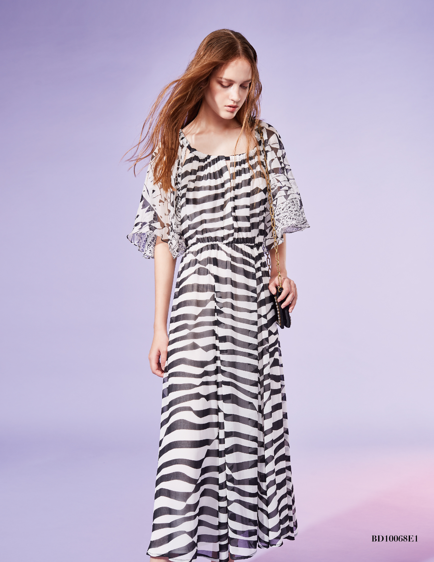 BD10068E1 黑白party斑馬紋荷葉袖一字領洋裝