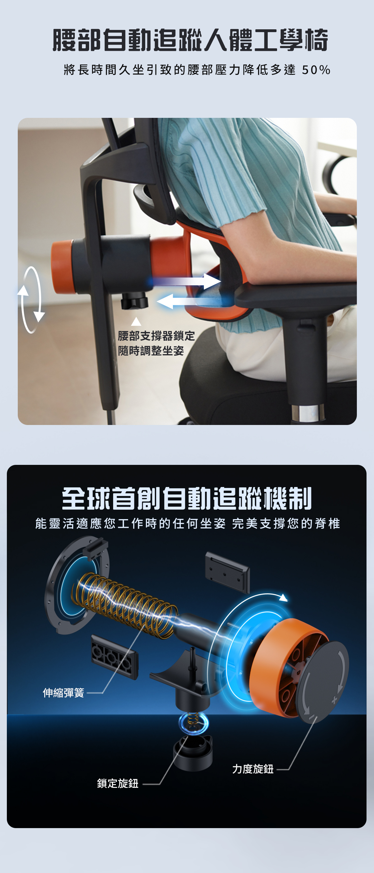 NEWTRAL T500 人體工學椅腰部動態支撐，完美貼合脊椎曲線，減緩腰痛 / NEWTRAL T500 dynamic lumbar support perfectly fits spinal curve, reduces back pain