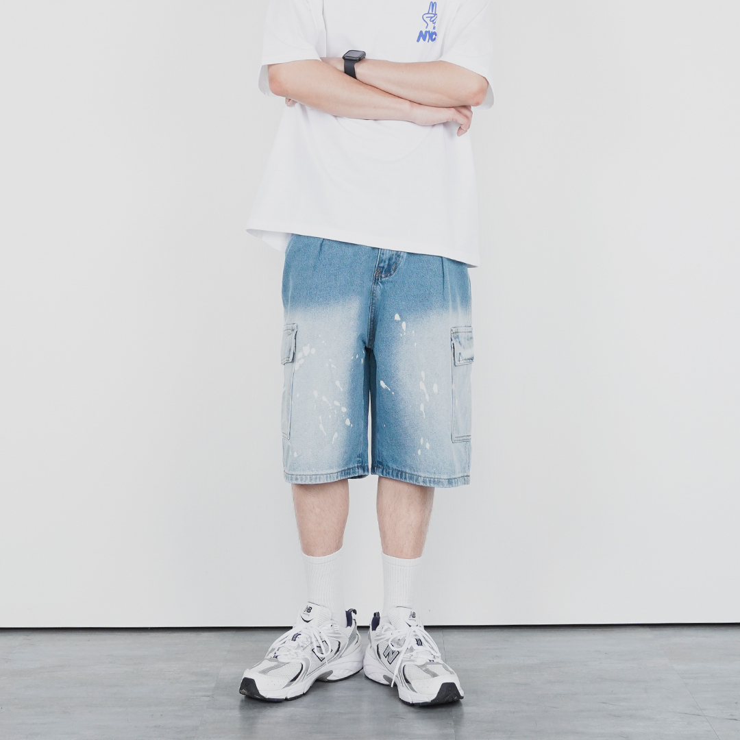 視覺工藝 淺漆刷染工作短褲｜Fade Ink Cargo Denim Shorts LJ-N010