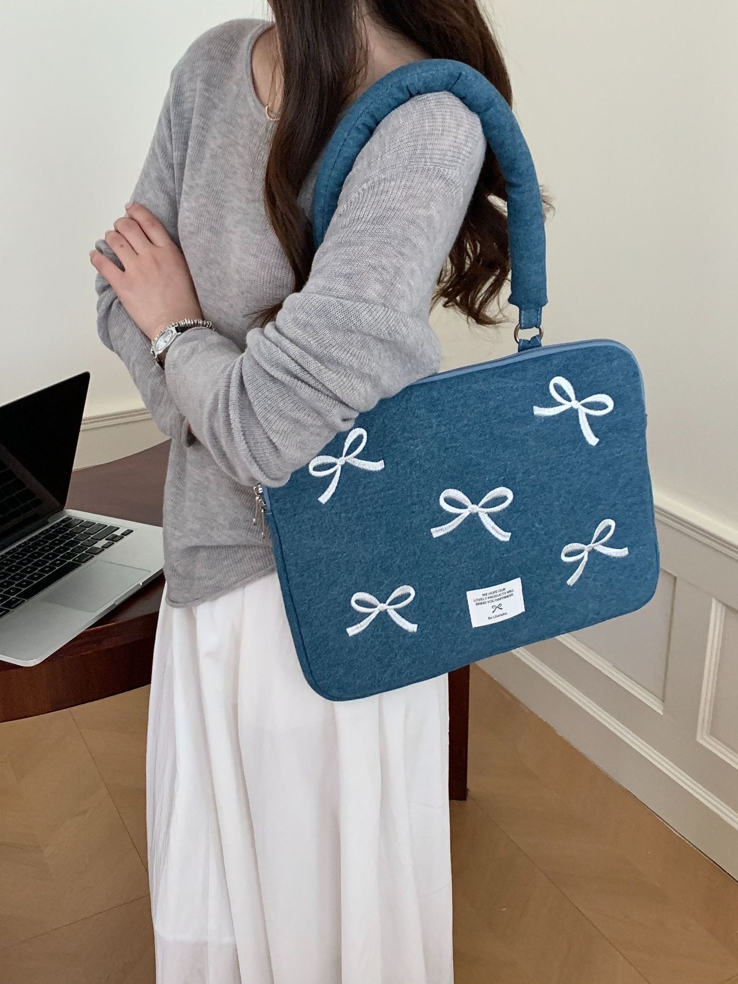 韓系牛仔刺繡電腦iPad手提包