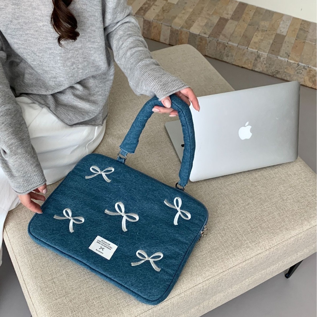 韓系牛仔刺繡電腦iPad手提包