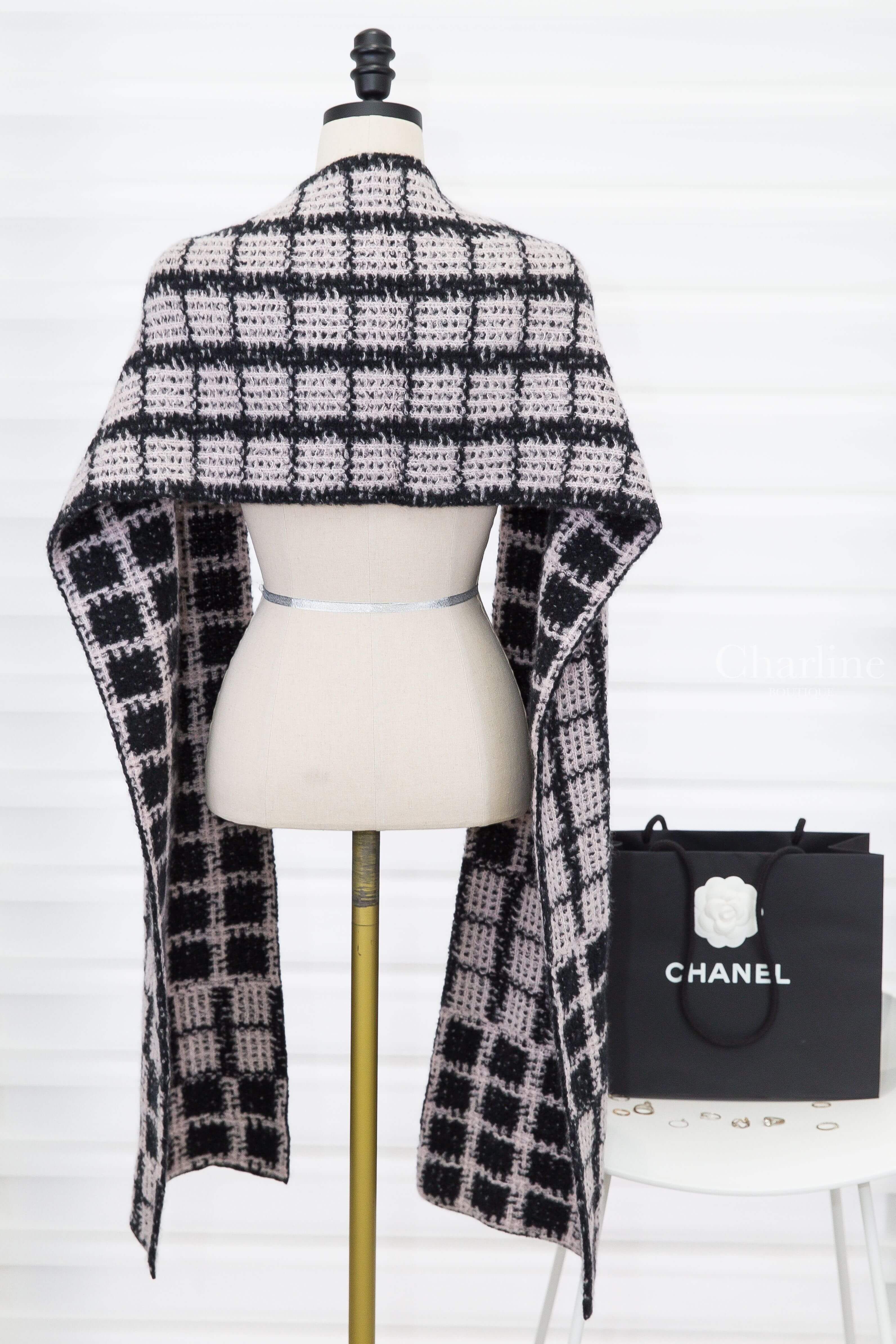 Chanel Scarf 黑色/粉色格紋立體粉色CC喀什米爾混羊毛混絲圍巾-Charline Boutique 精品代購