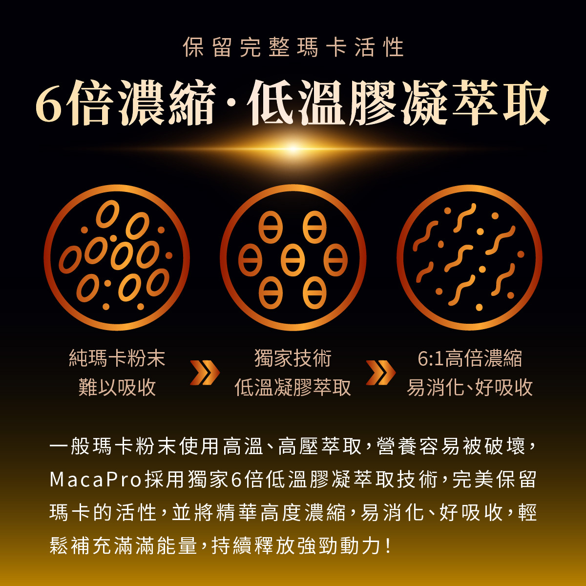6倍濃縮．低溫膠凝萃取！一般瑪卡粉末使用高溫、高壓萃取，營養容易被破壞，MacaPro採用獨家6倍低溫膠凝萃取技術，完美保留瑪卡的活性，並將精華高度濃縮，易消化、好吸收，輕鬆補充滿滿能量，持續釋放強勁動力！