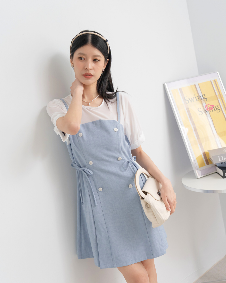 小香風假兩件薄紗拼接細肩帶洋裝