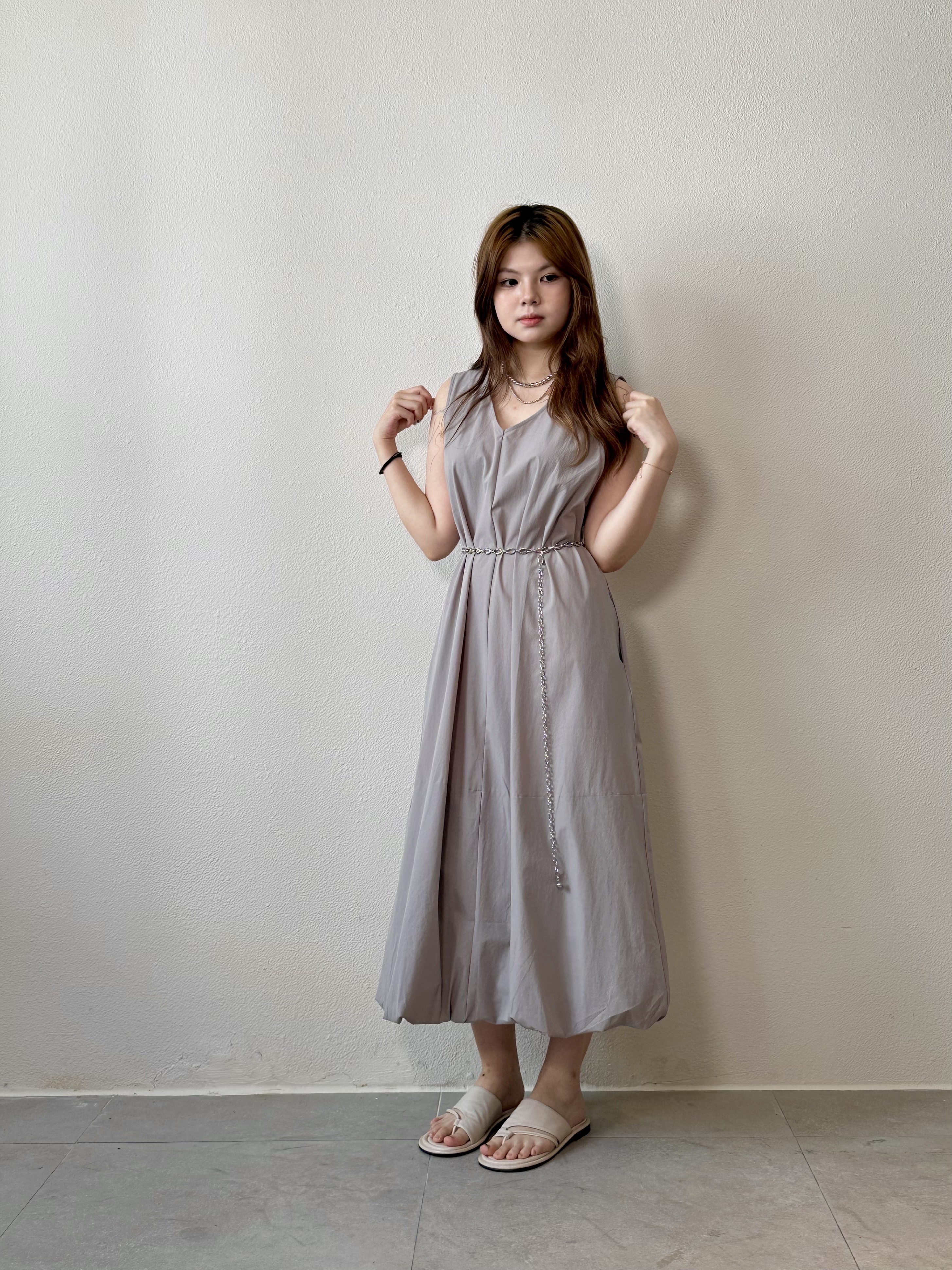 知性風～V領氣球連身裙 - OP52743