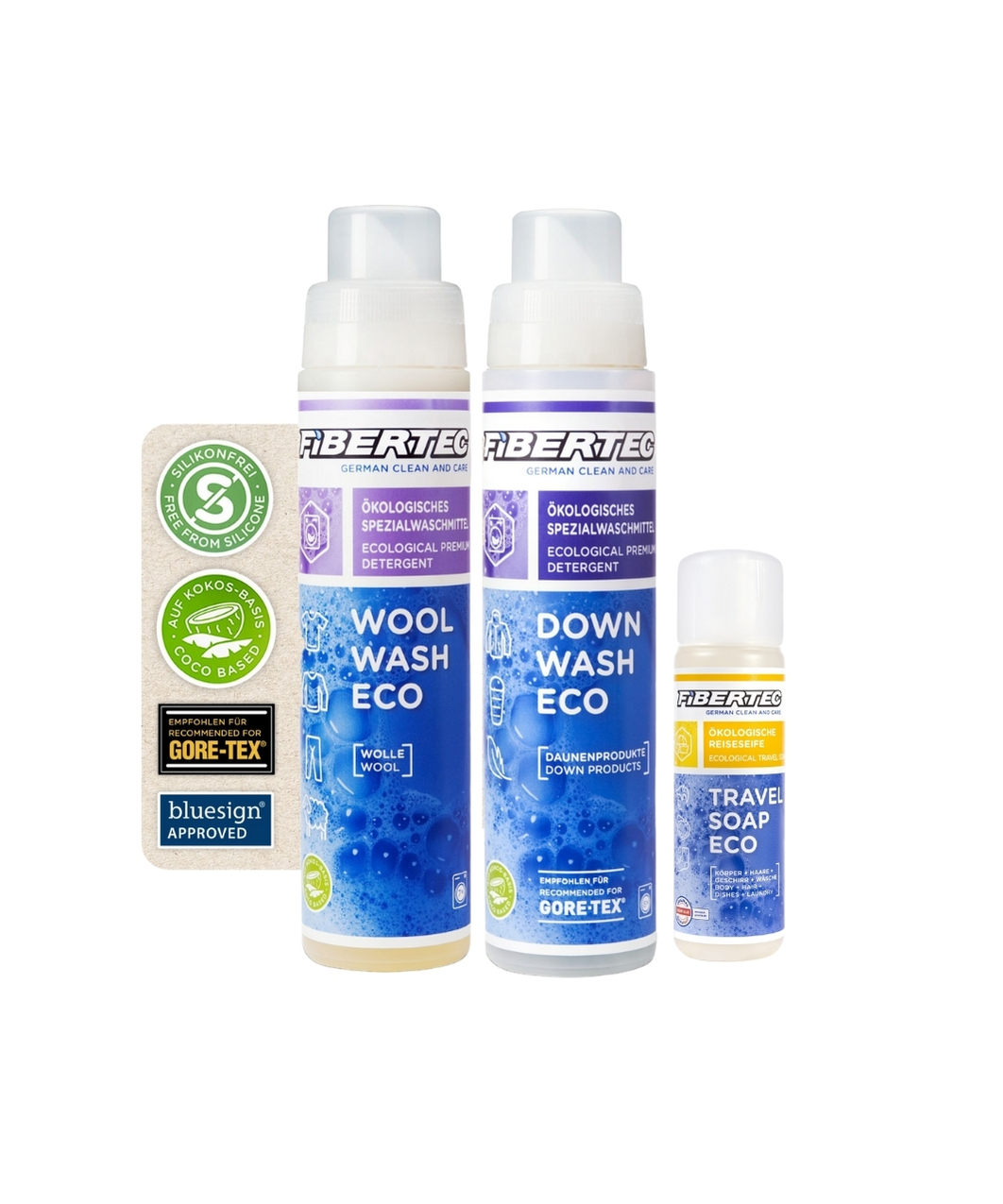 FIBERTEC / 洗滌組合 / 美麗諾羊(羊毛)專用洗劑250ml + 羽絨專用洗劑250ml +旅行肥皂液 100ml