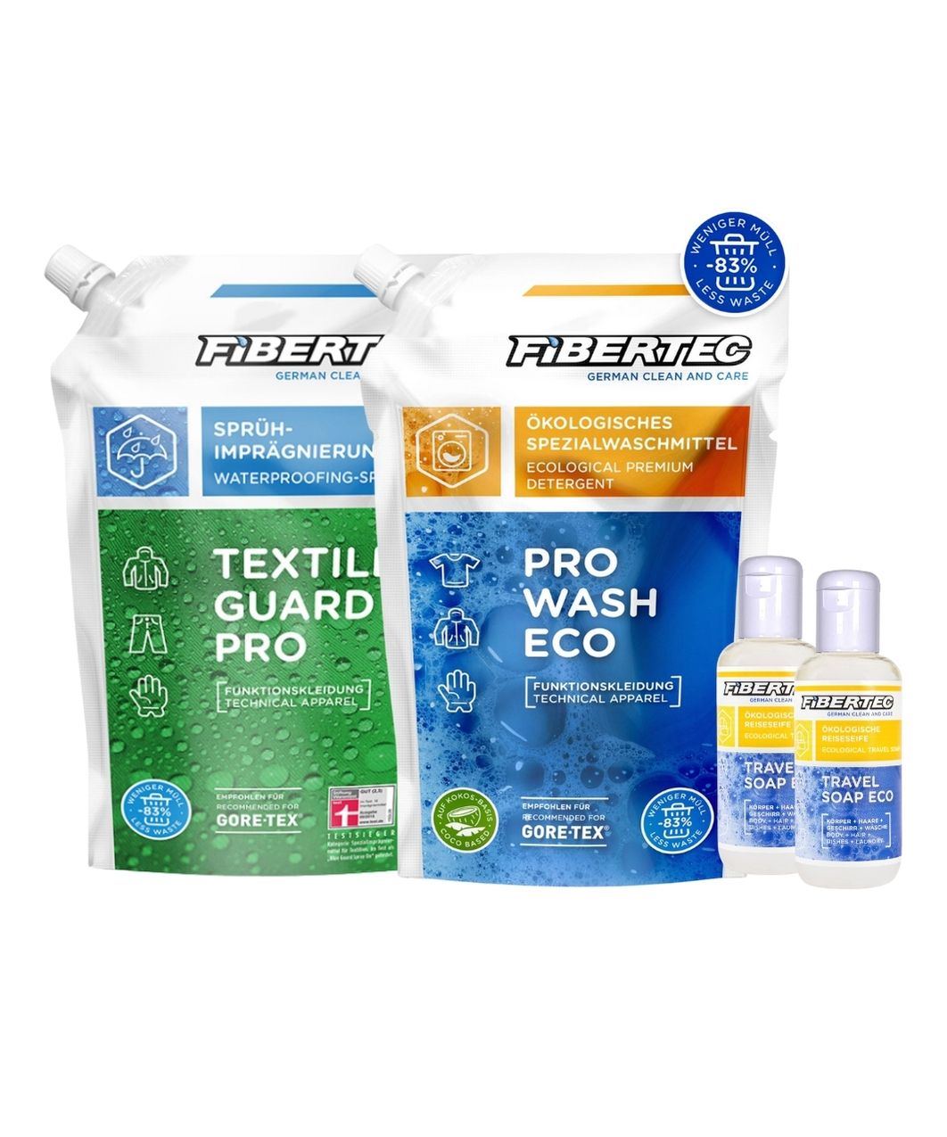 洗滌組合 / 機能性GORE-TEX ®服飾專用濃縮洗潔劑 500ml + Textile Guard Pro 專業衣物撥水浸洗劑(噴灑版) 500ml + Travel Soap Eco旅行肥皂生態液100ml*2
