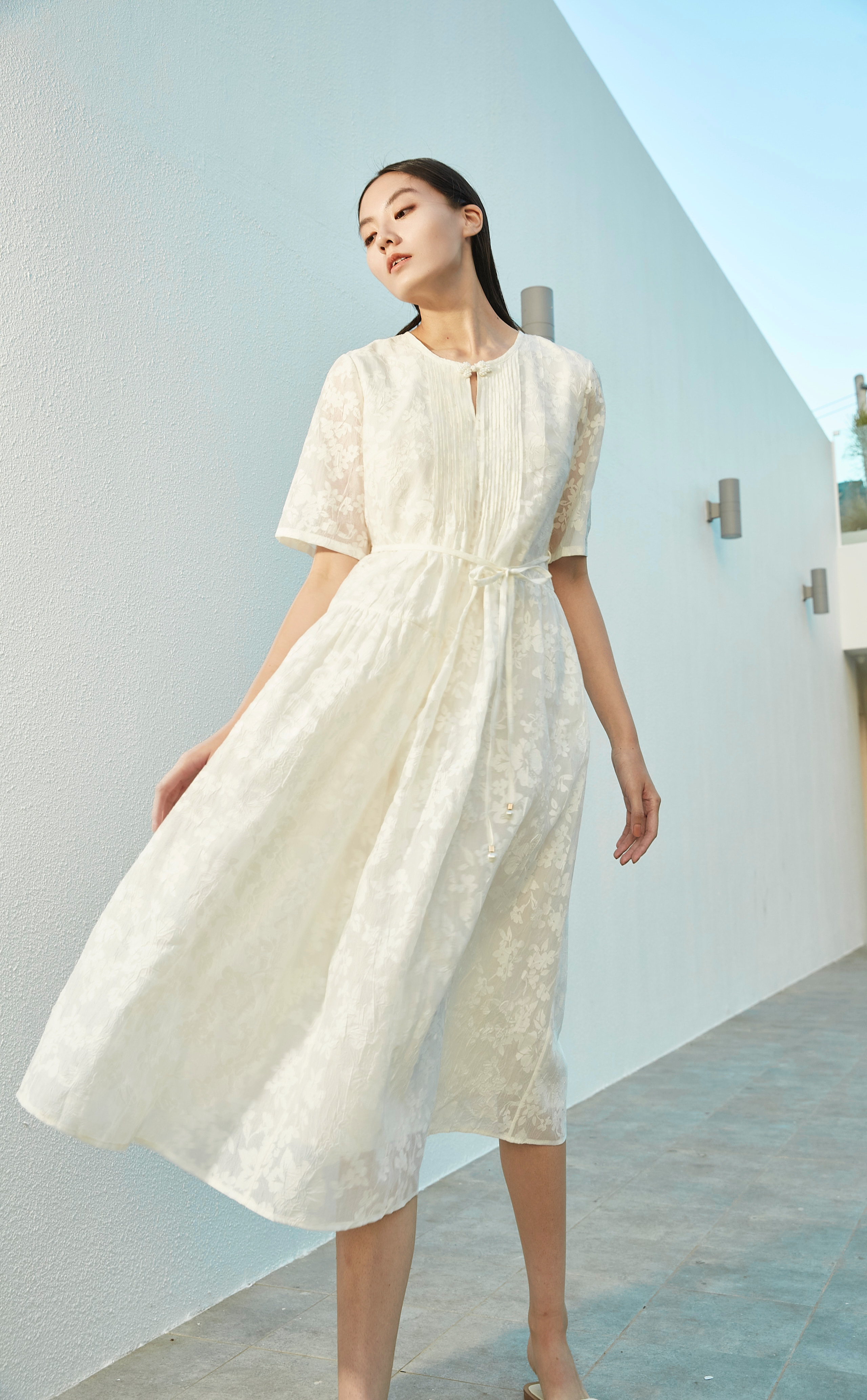 BD10138E1 新藝術花園復古五分袖綁帶X型長洋 (附綁帶)