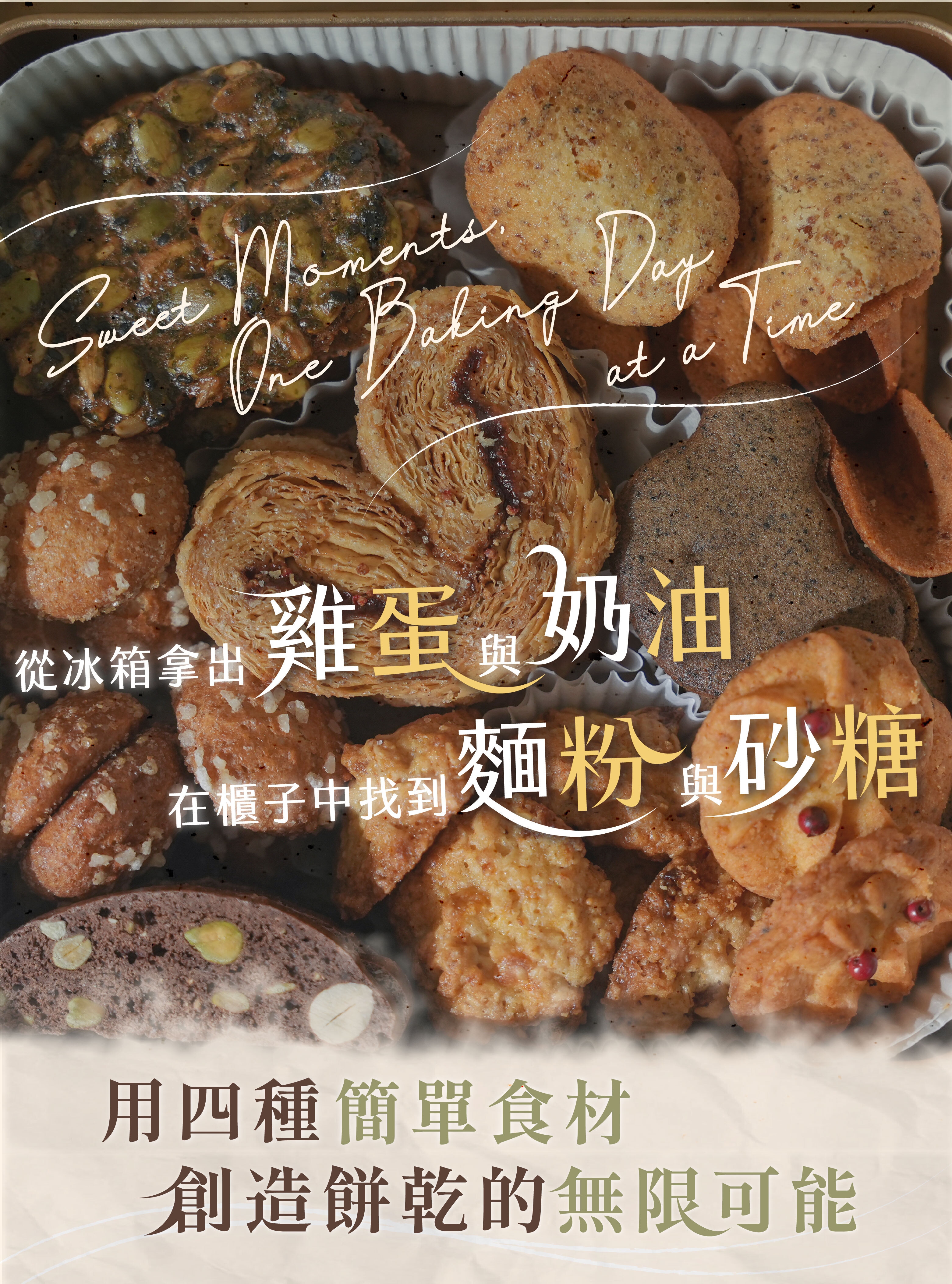 開頭：從冰箱拿出奶油與雞蛋，在櫃子中找到麵粉與砂糖