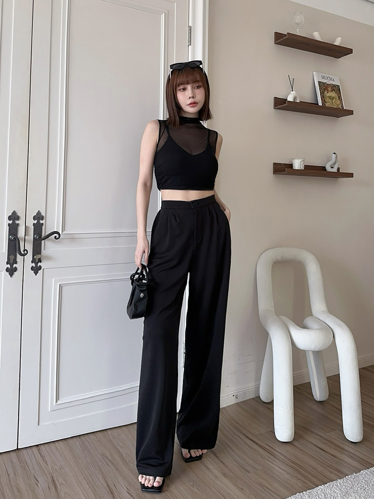 BB若隱若現！透紗假2件Bratop+寬褲套裝(3色、有胸墊)