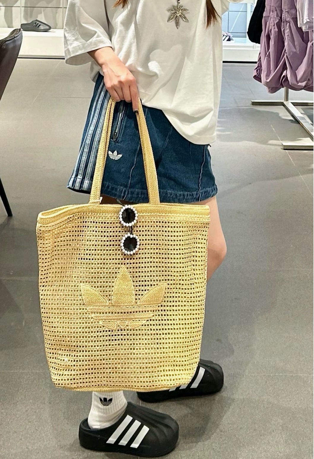 adidas Originals KNITTING 燕麥色 三葉草LOGO 編織托特包 購物包 單肩包 女款 Aug25