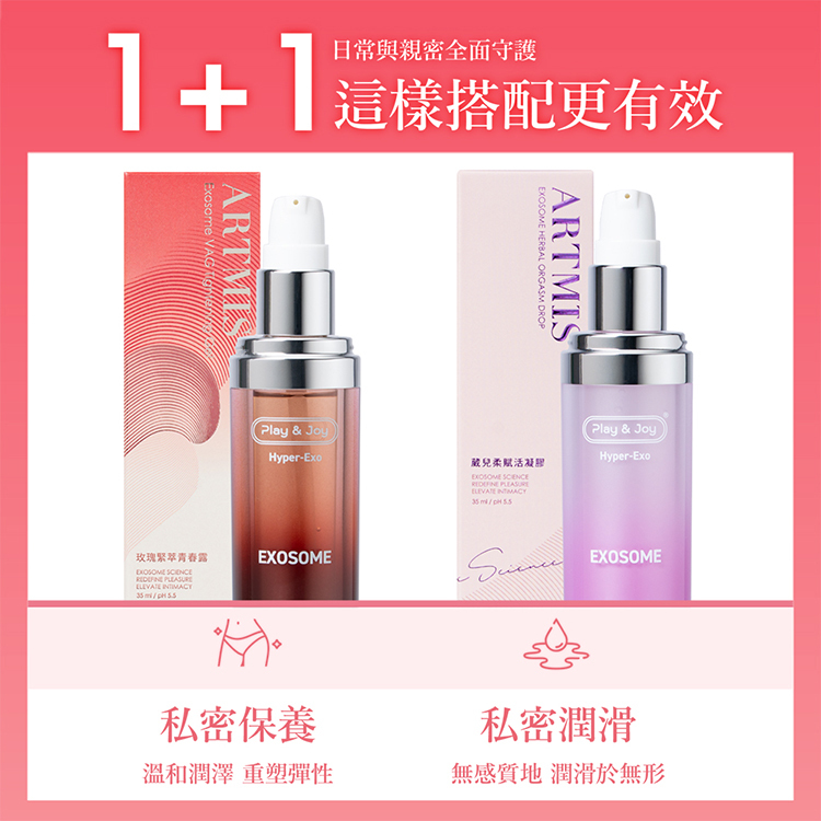1+1日常與親密全面守護 這樣搭配更有效Exosome   HERBAL ORGASM DROPARTMIS(Play & JoyHyper-Exo兒柔凝膠     (Play & JoyHyper-Exo玫瑰緊翠青春露EXOSOMEEXOSOME   私密保養溫和潤澤 重塑彈性EXOSOME私密潤滑無感質地 潤滑於無形