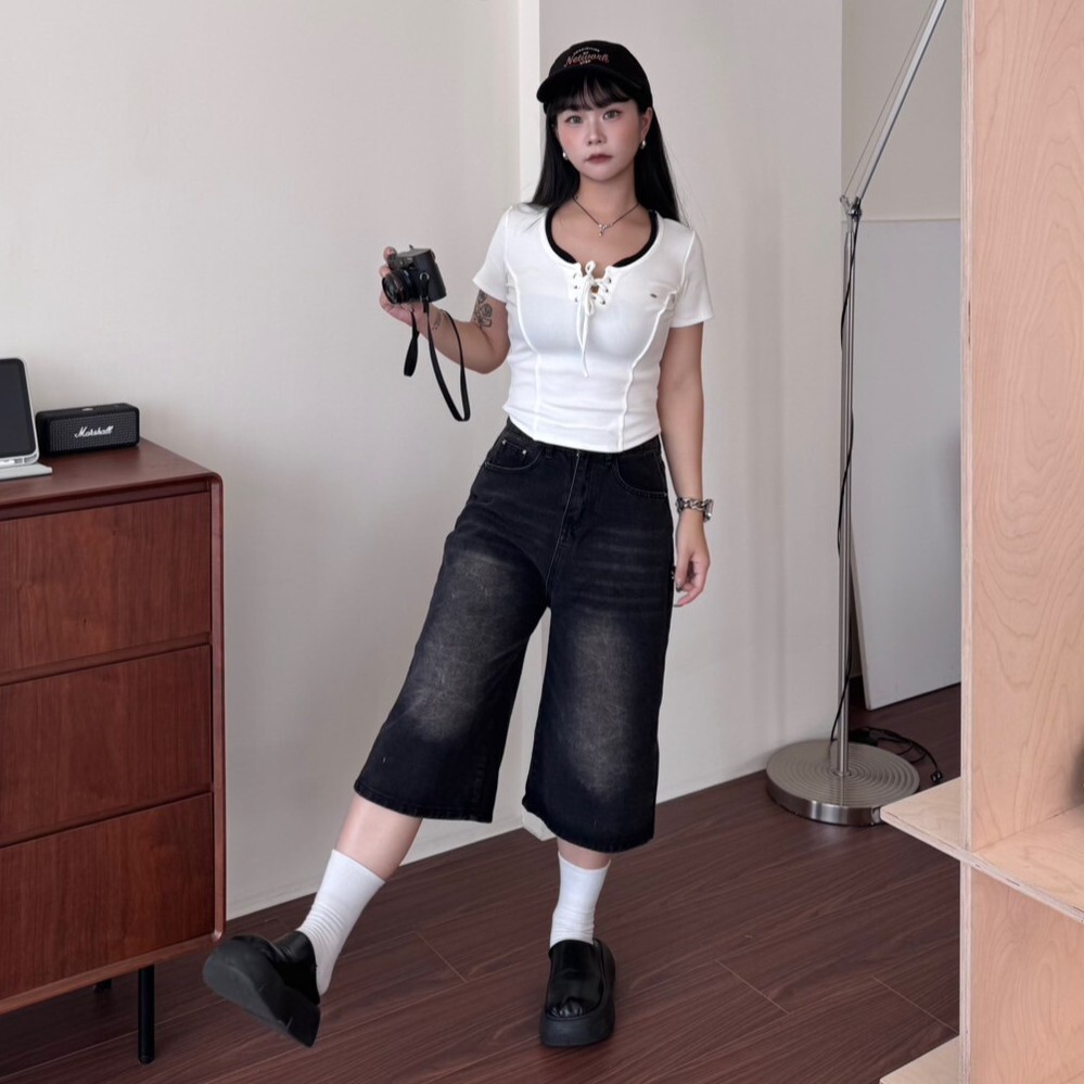 剛剛好的不羈!特殊刷色牛仔七分褲