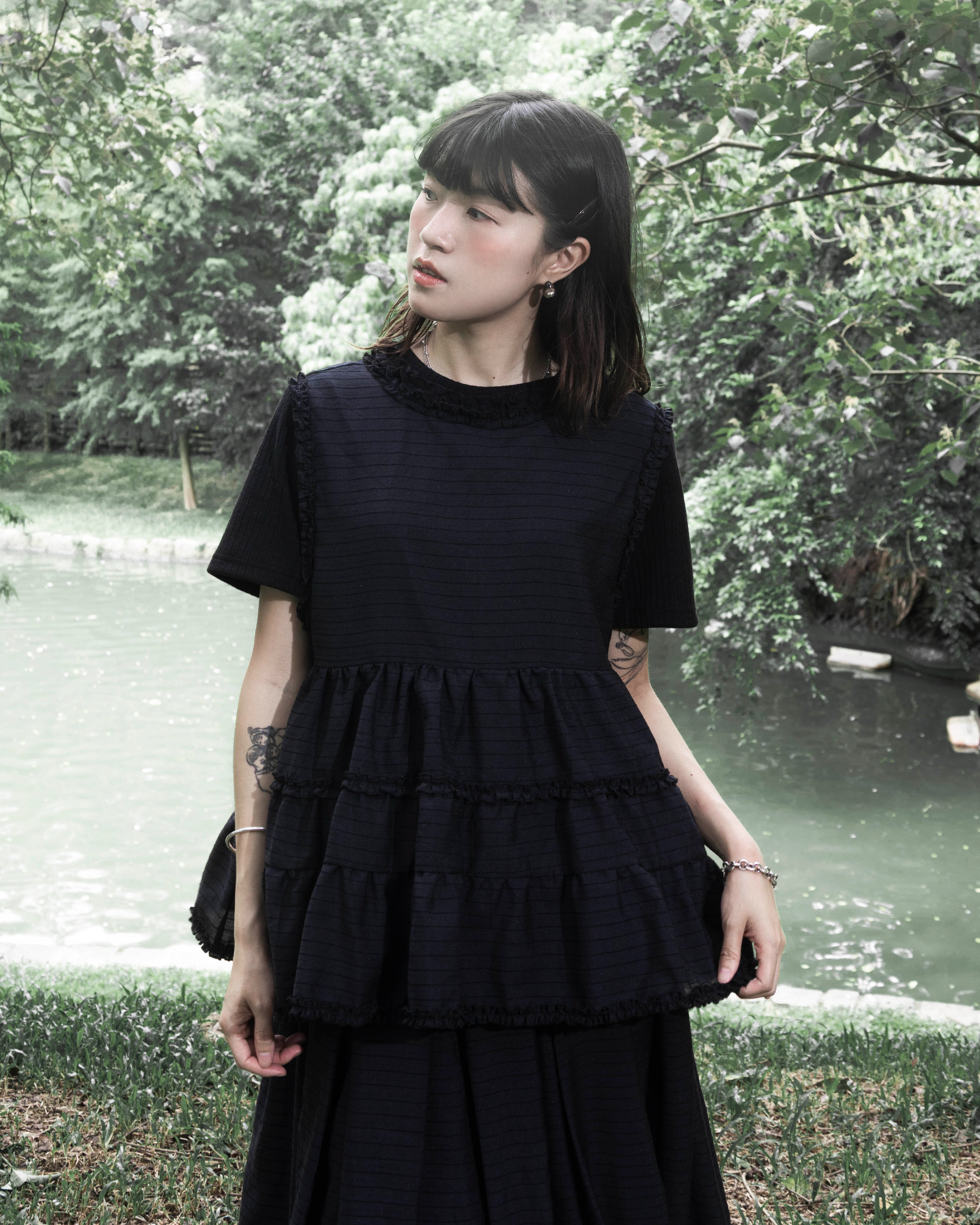 【 Kiki.co Made 】cabbage striped layered vest - black