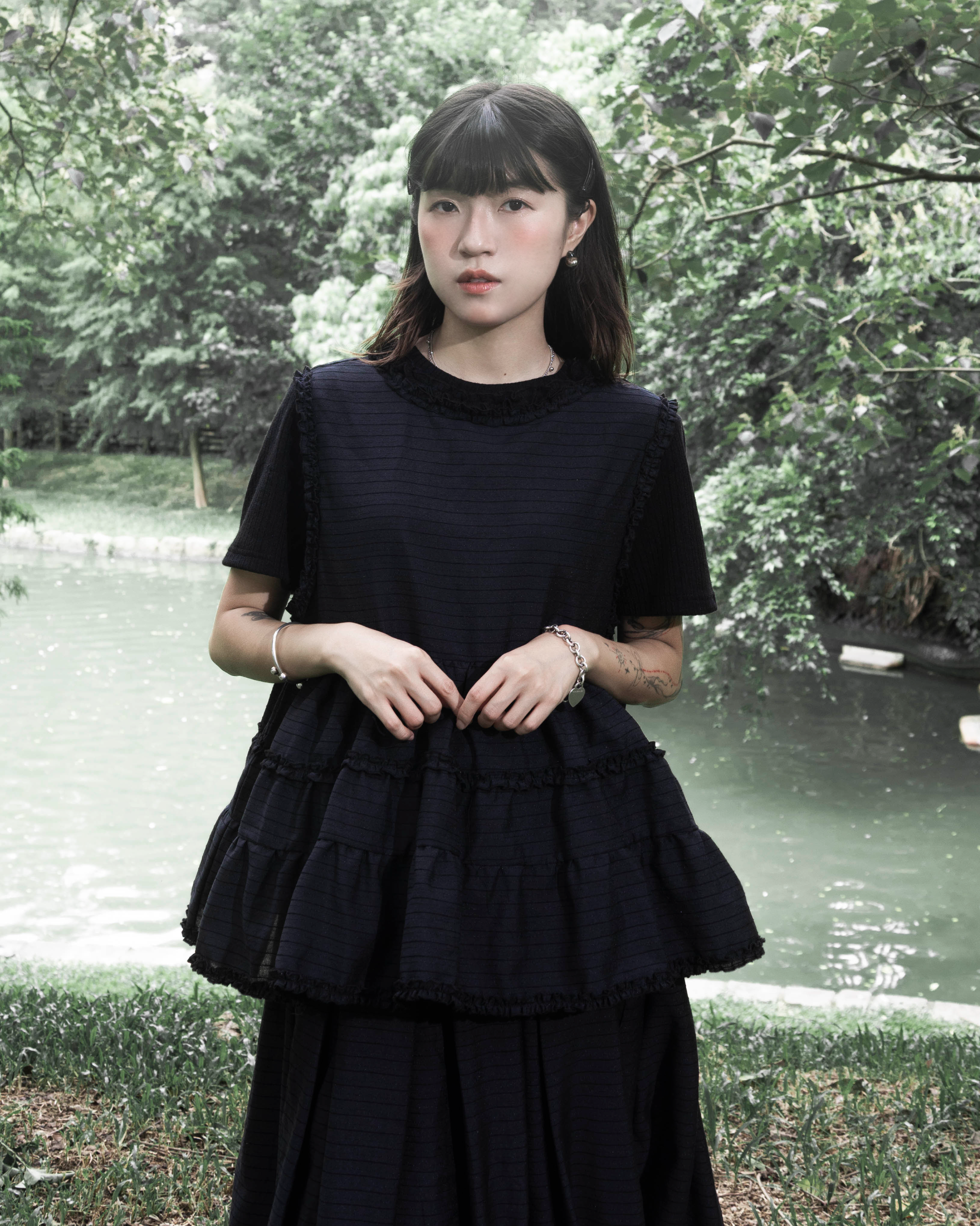 【 Kiki.co Made 】cabbage striped layered vest - black