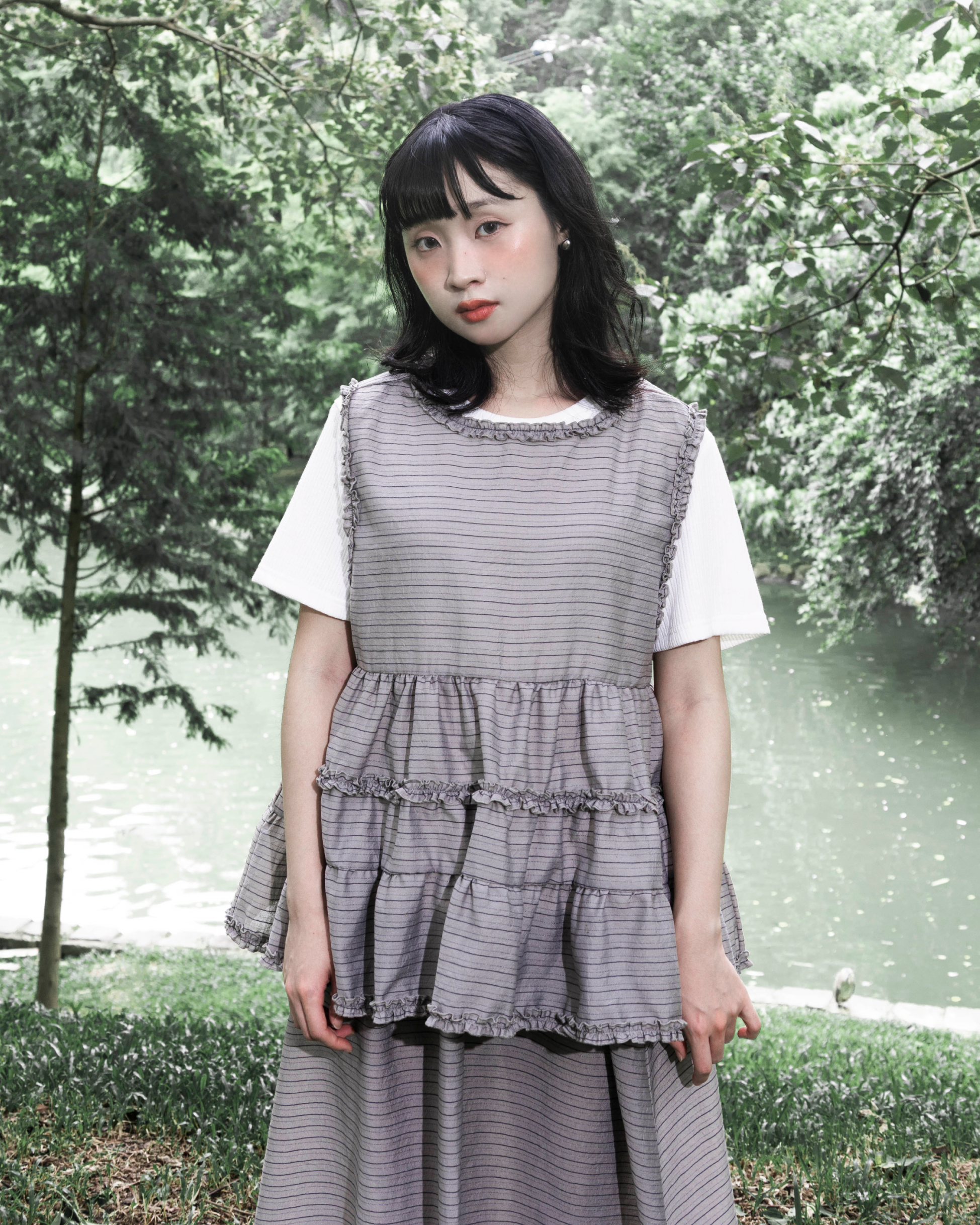 【 Kiki.co Made 】cabbage striped layered vest - grey